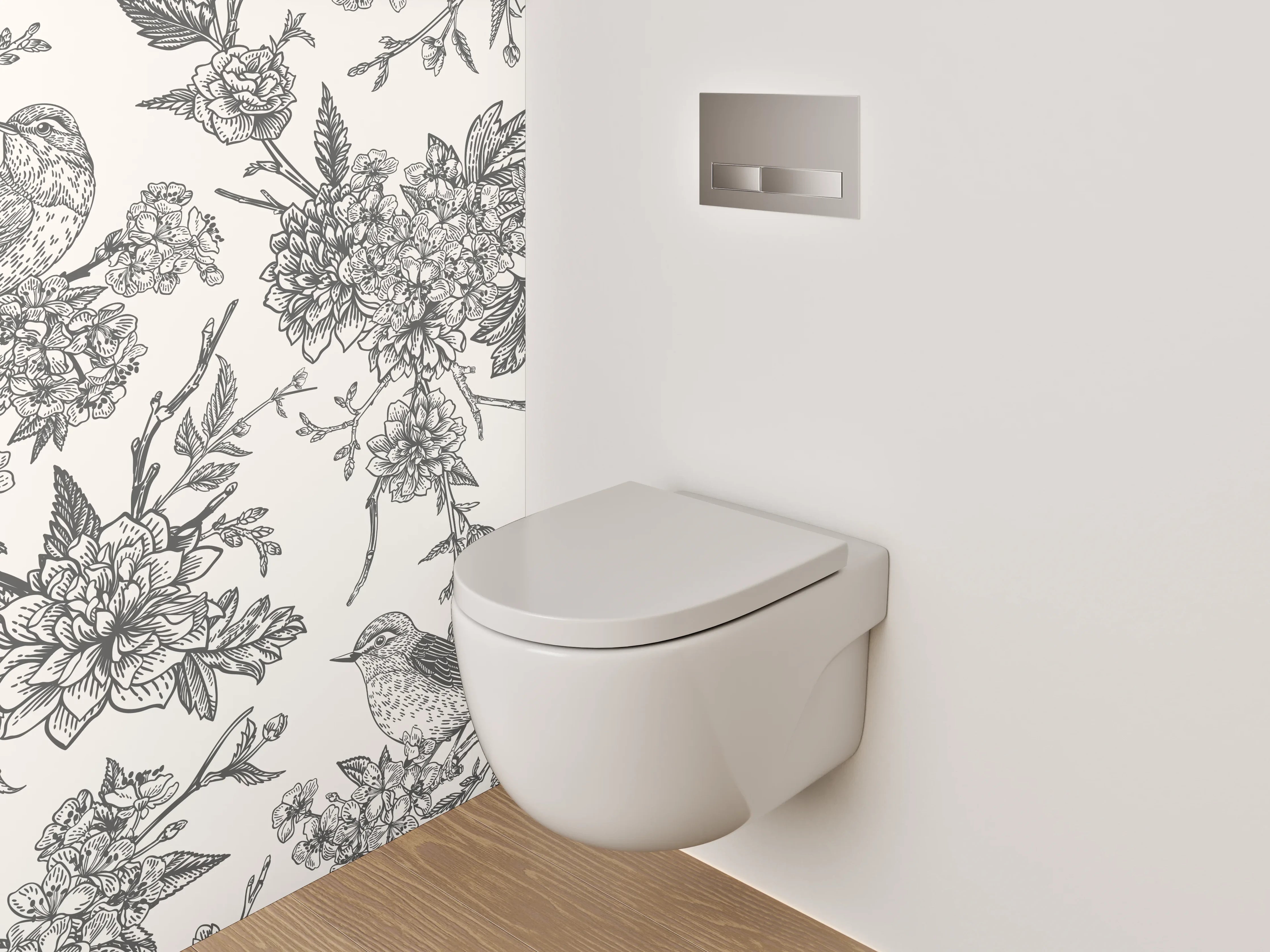 WC-Rückwand - Vintage Schwarz-Weiß Vögel und Blumen