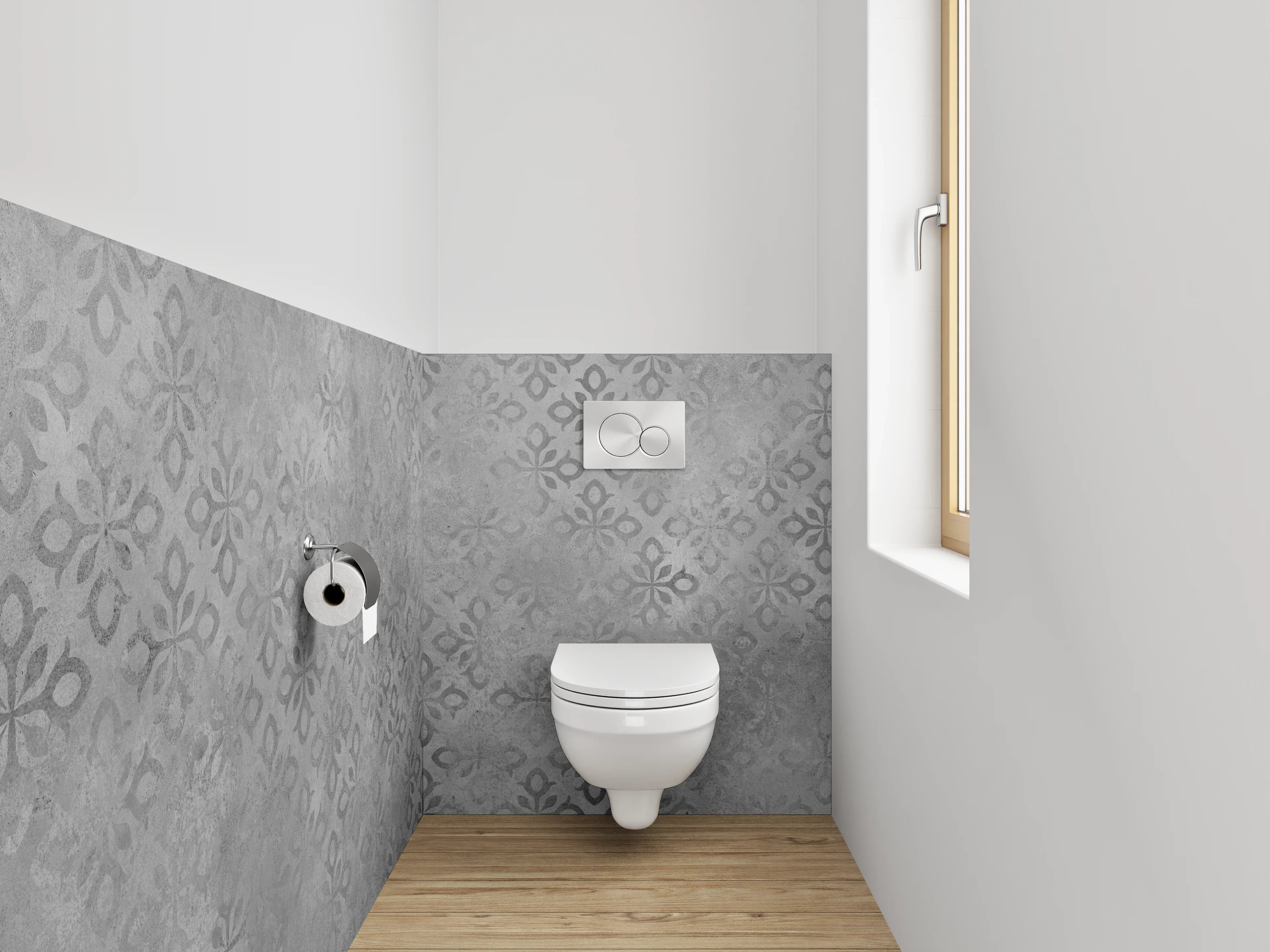 WC-Rückwand - Vintage Tapetenmuster Grau-Weiß Modern