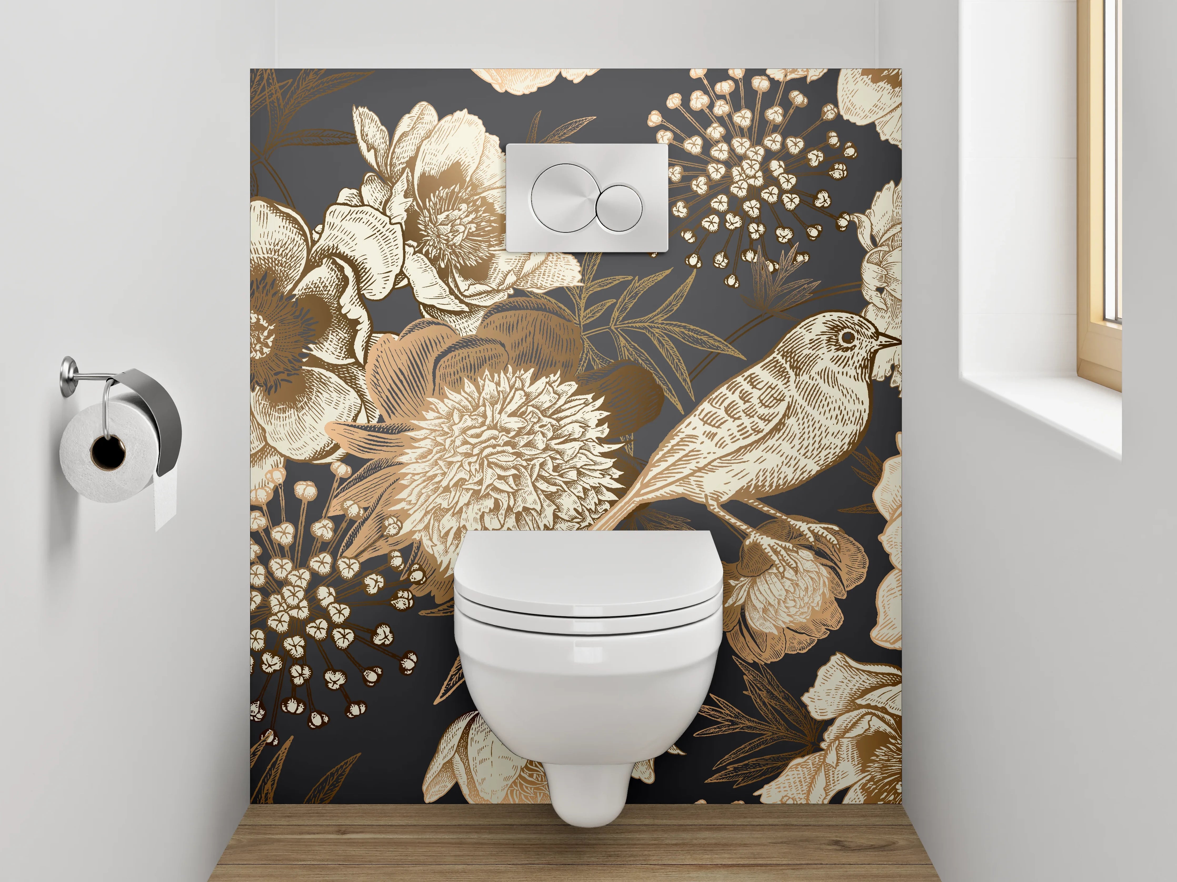 WC-Rückwand - Vintage Vogel Blumen Illustration Tapete