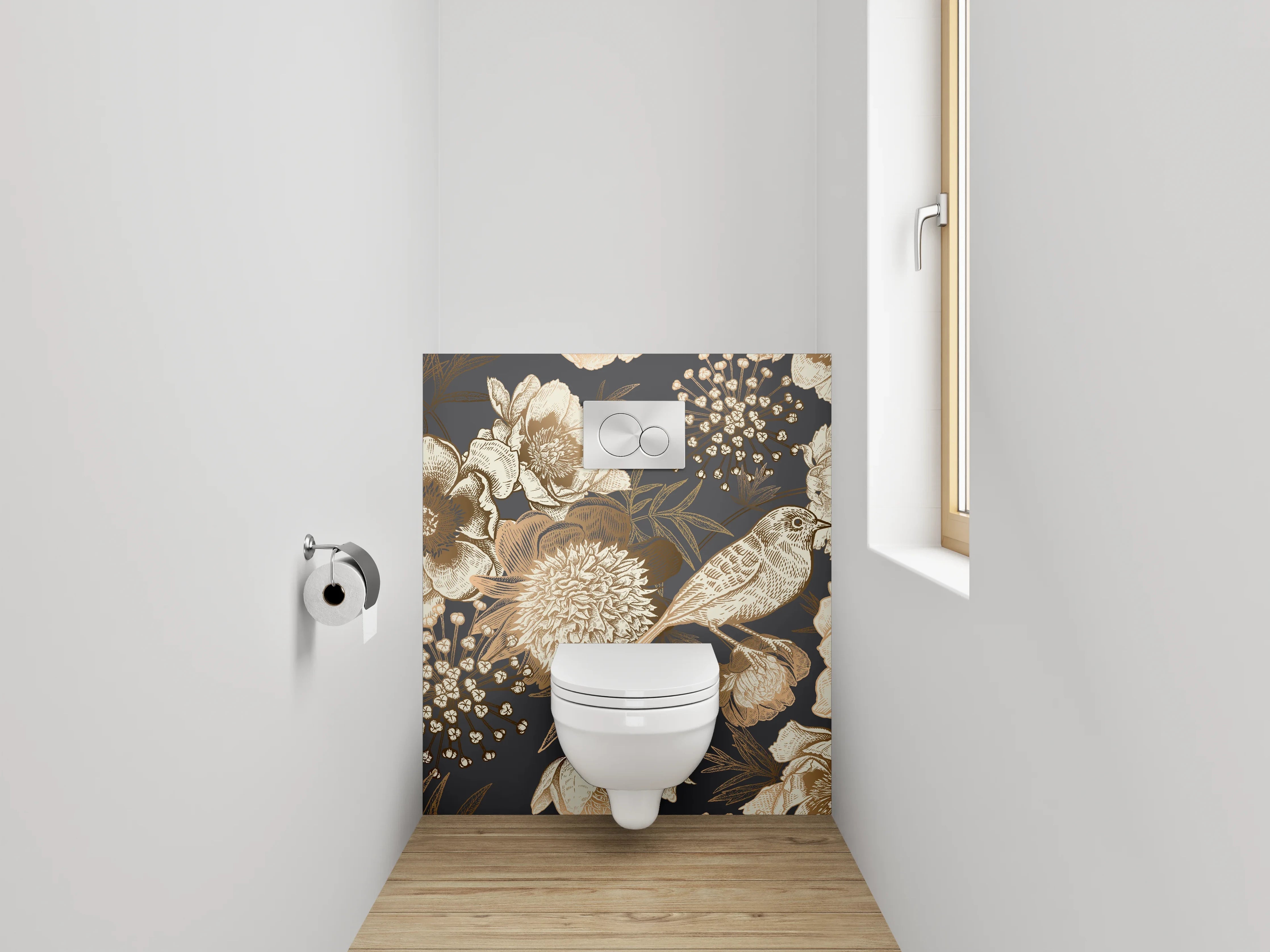 WC-Rückwand - Vintage Vogel Blumen Illustration Tapete