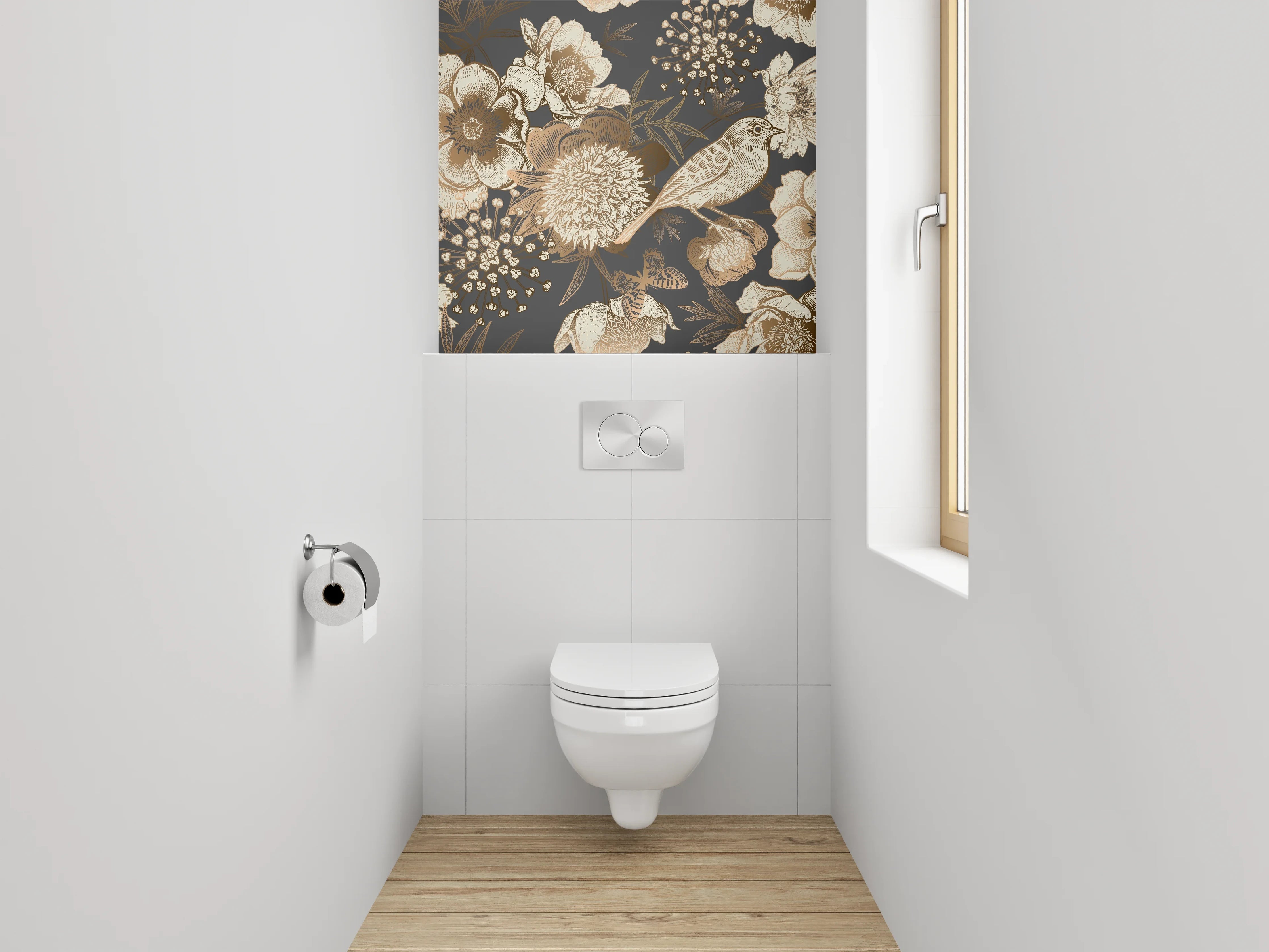 WC-Rückwand - Vintage Vogel Blumen Illustration Tapete