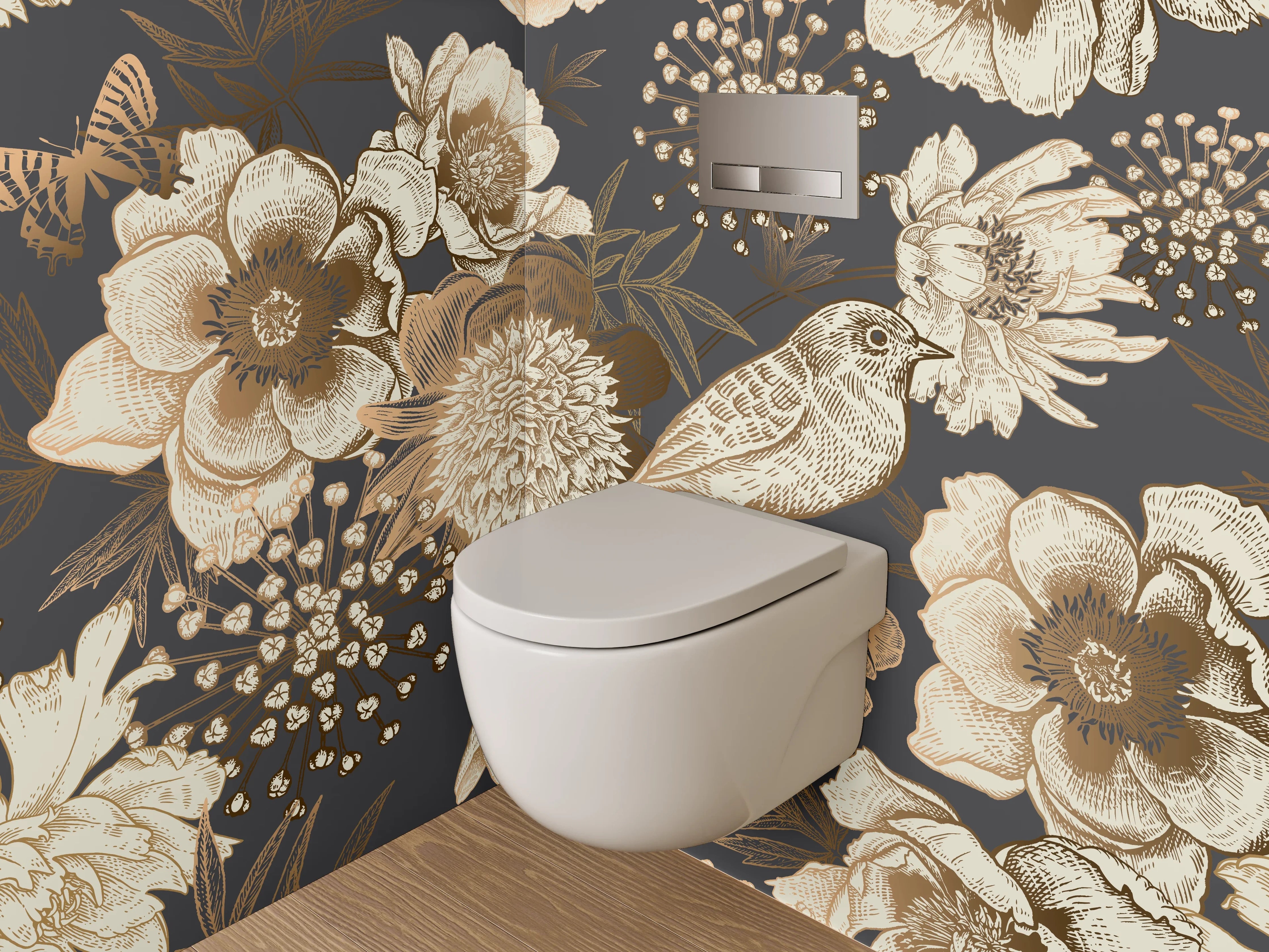 WC-Rückwand - Vintage Vogel Blumen Illustration Tapete