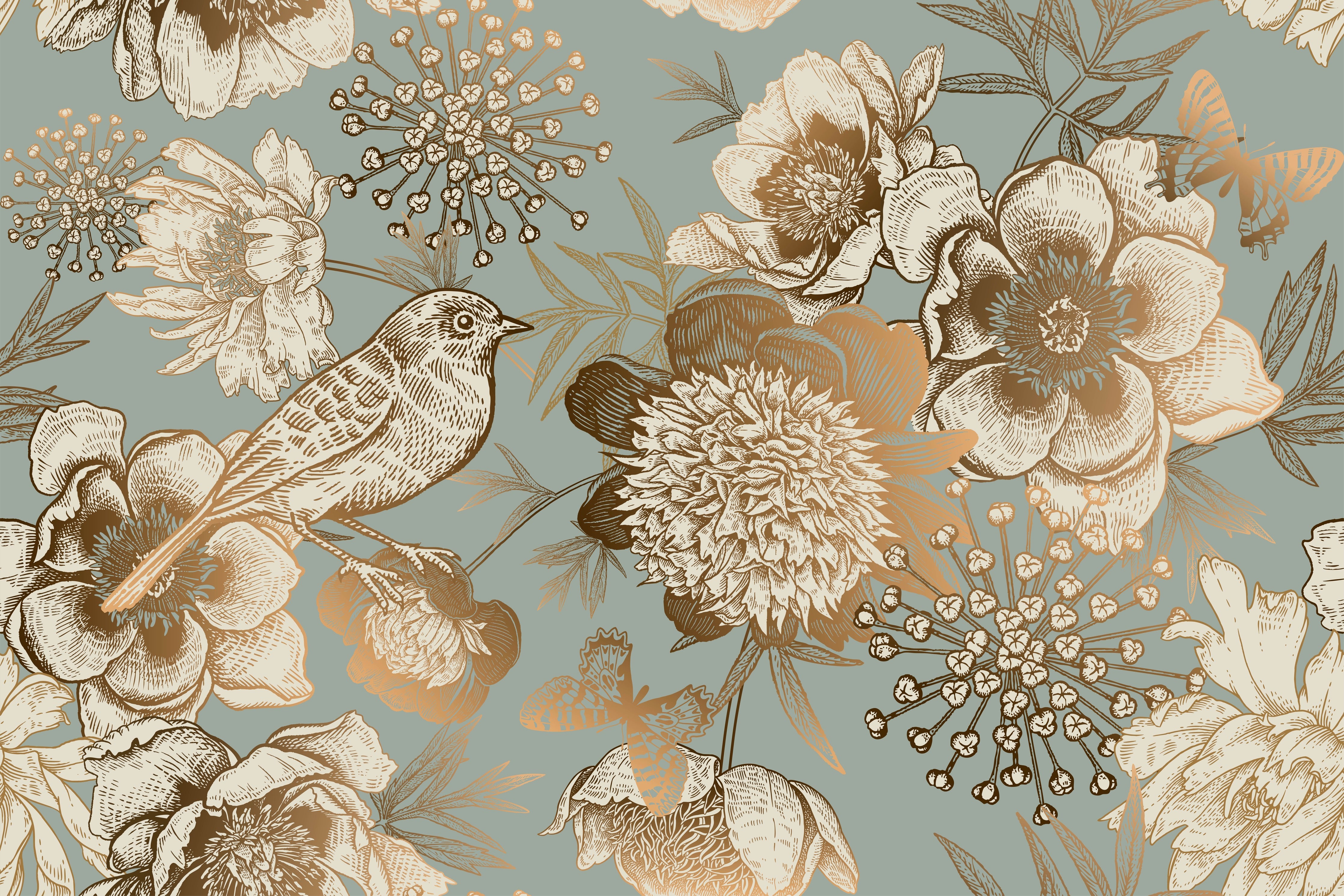 WC-Rückwand-Vintage Vogel und Blumen Illustration