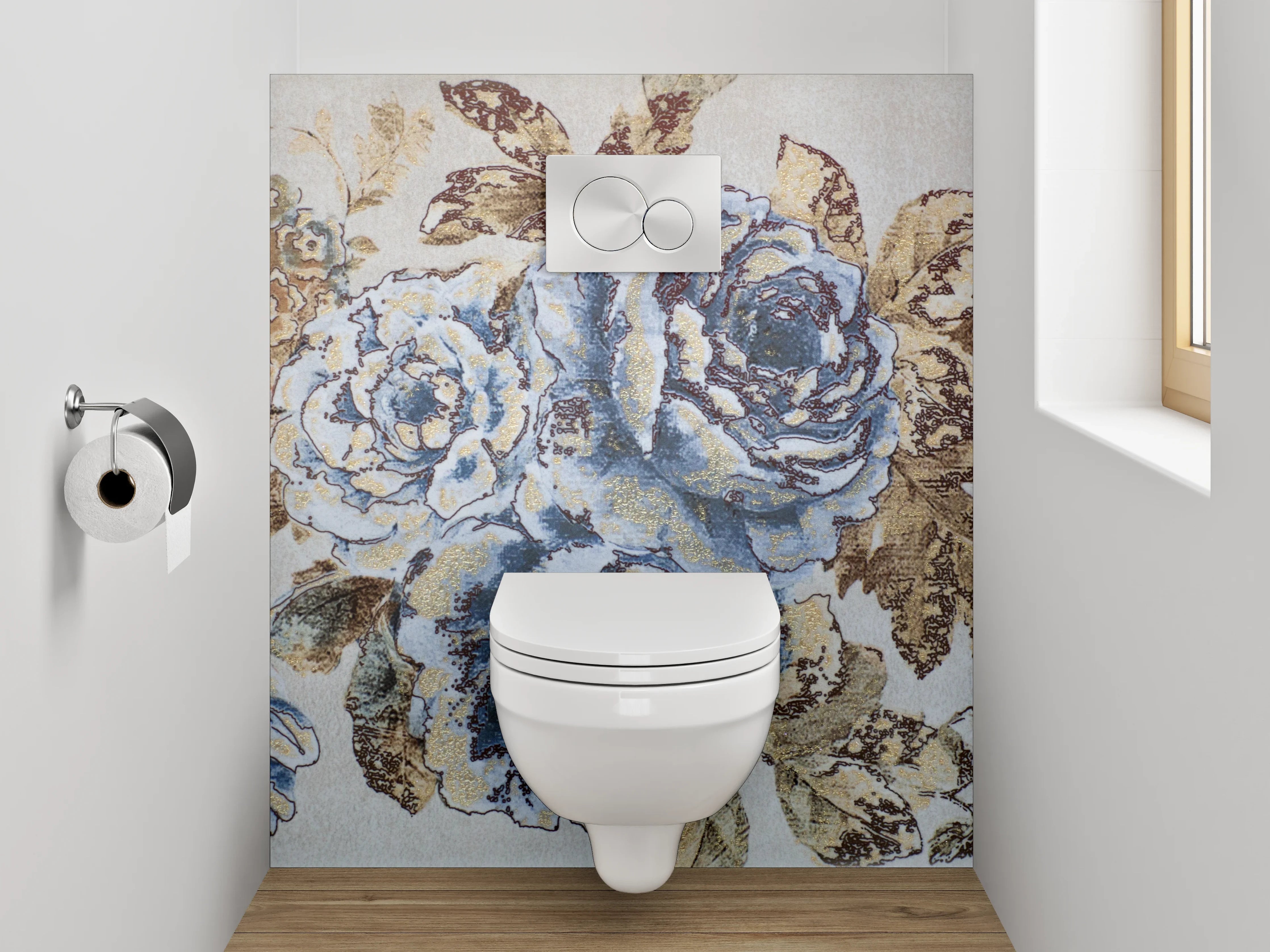 WC-Rückwand - Vintage blaue Blumen Bordüre Tapete