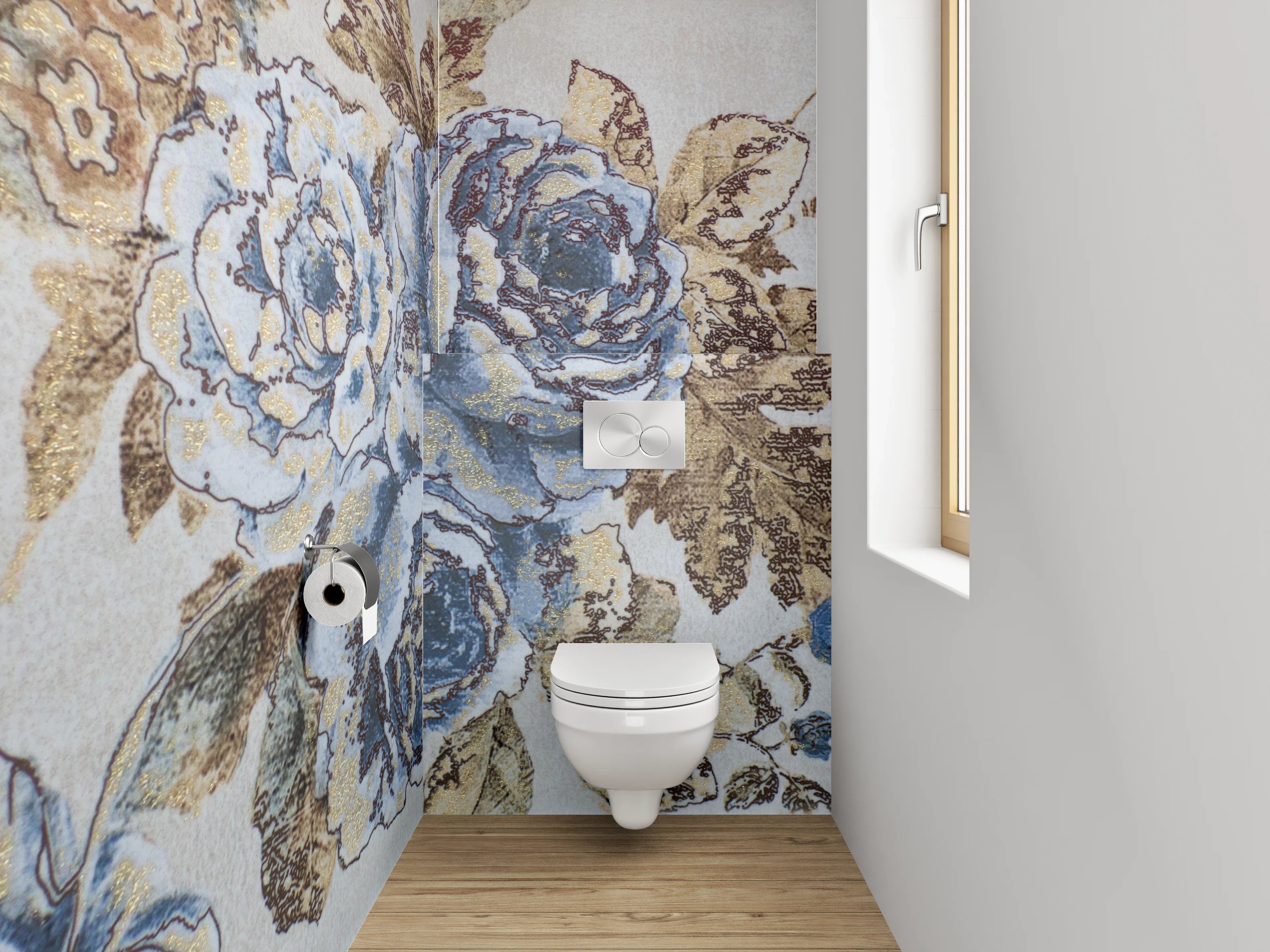 WC-Rückwand - Vintage blaue Blumen Bordüre Tapete