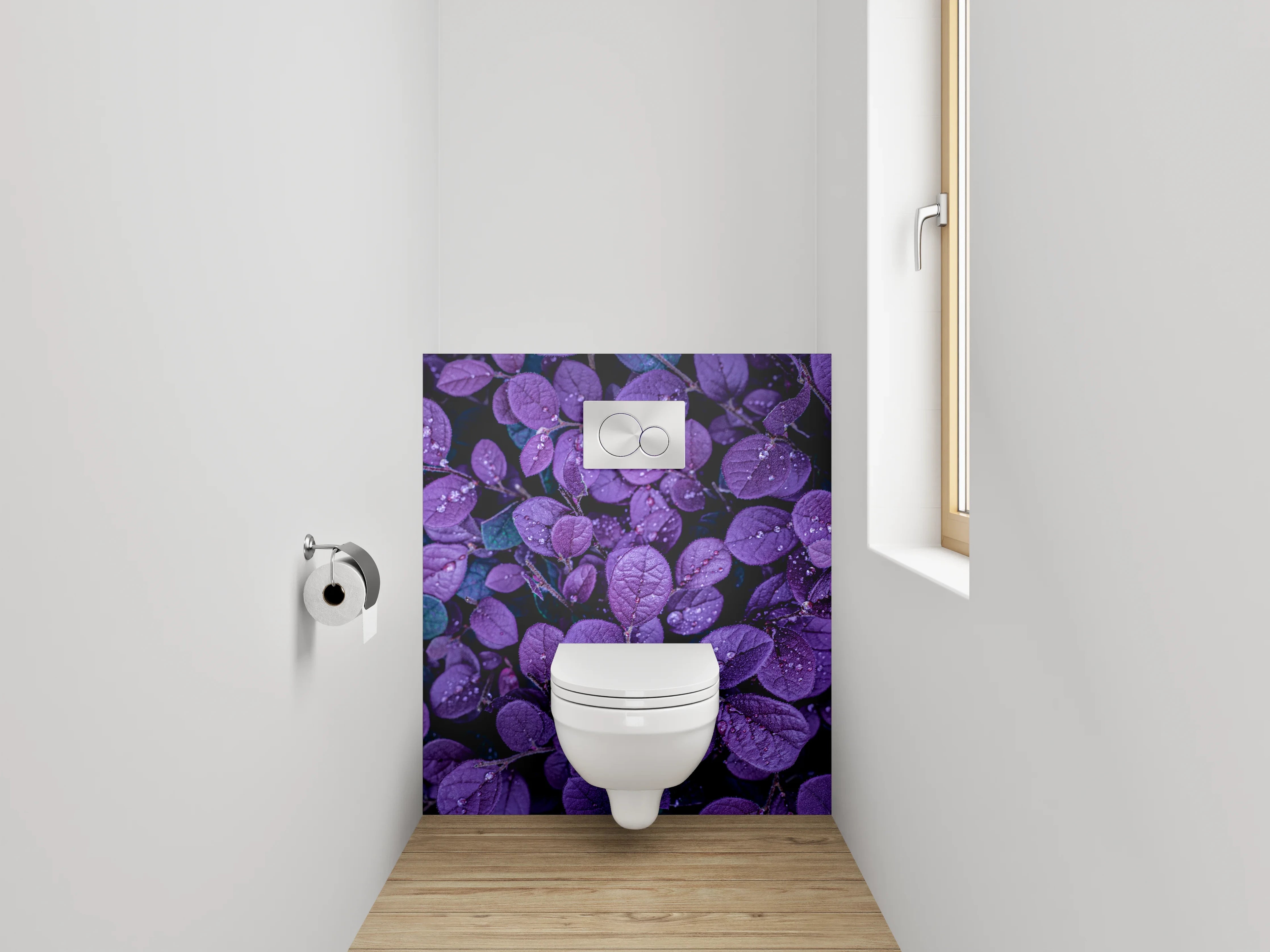 WC-Rückwand - Violette Blätter mit Wassertropfen