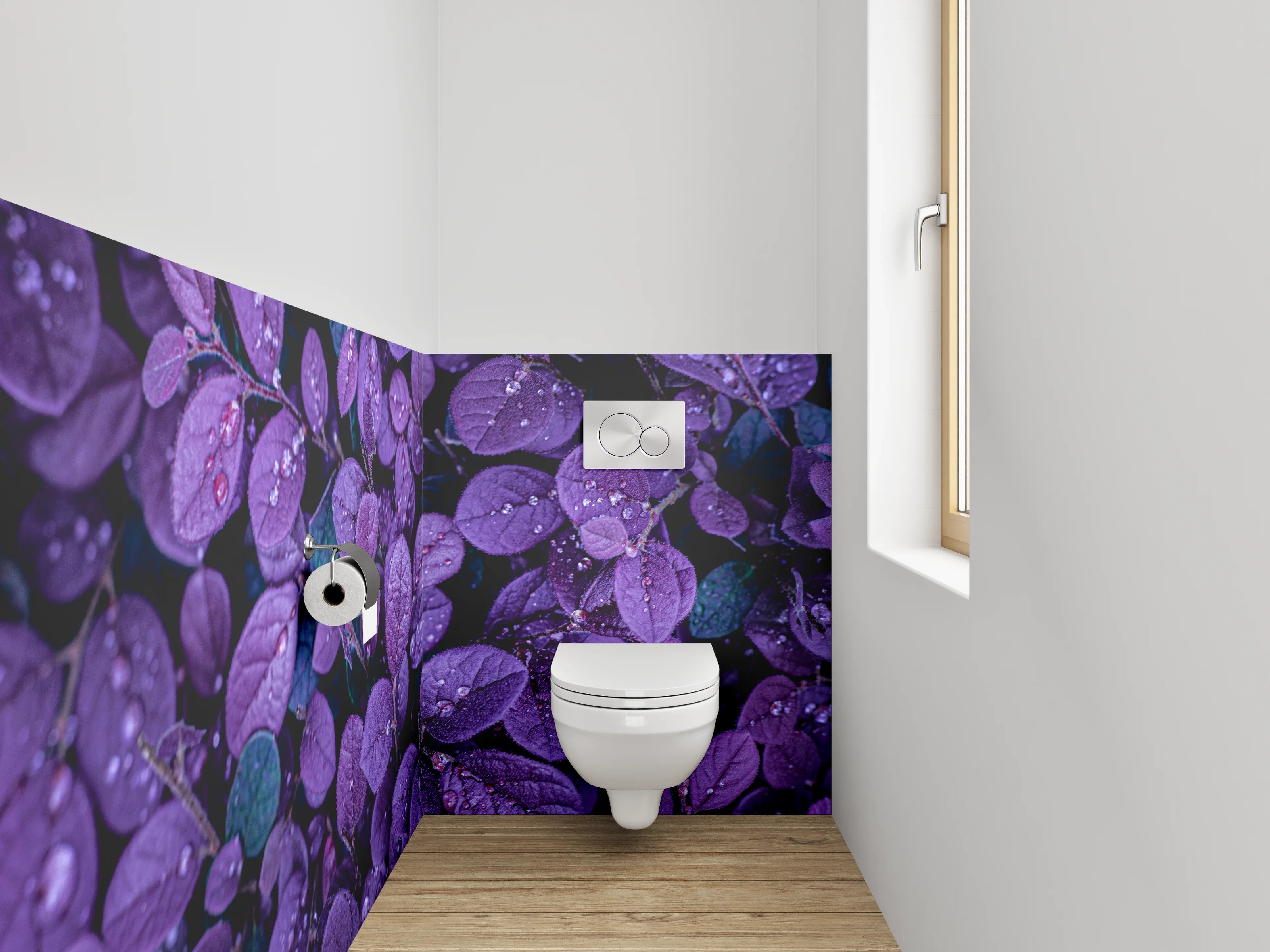 WC-Rückwand - Violette Blätter mit Wassertropfen