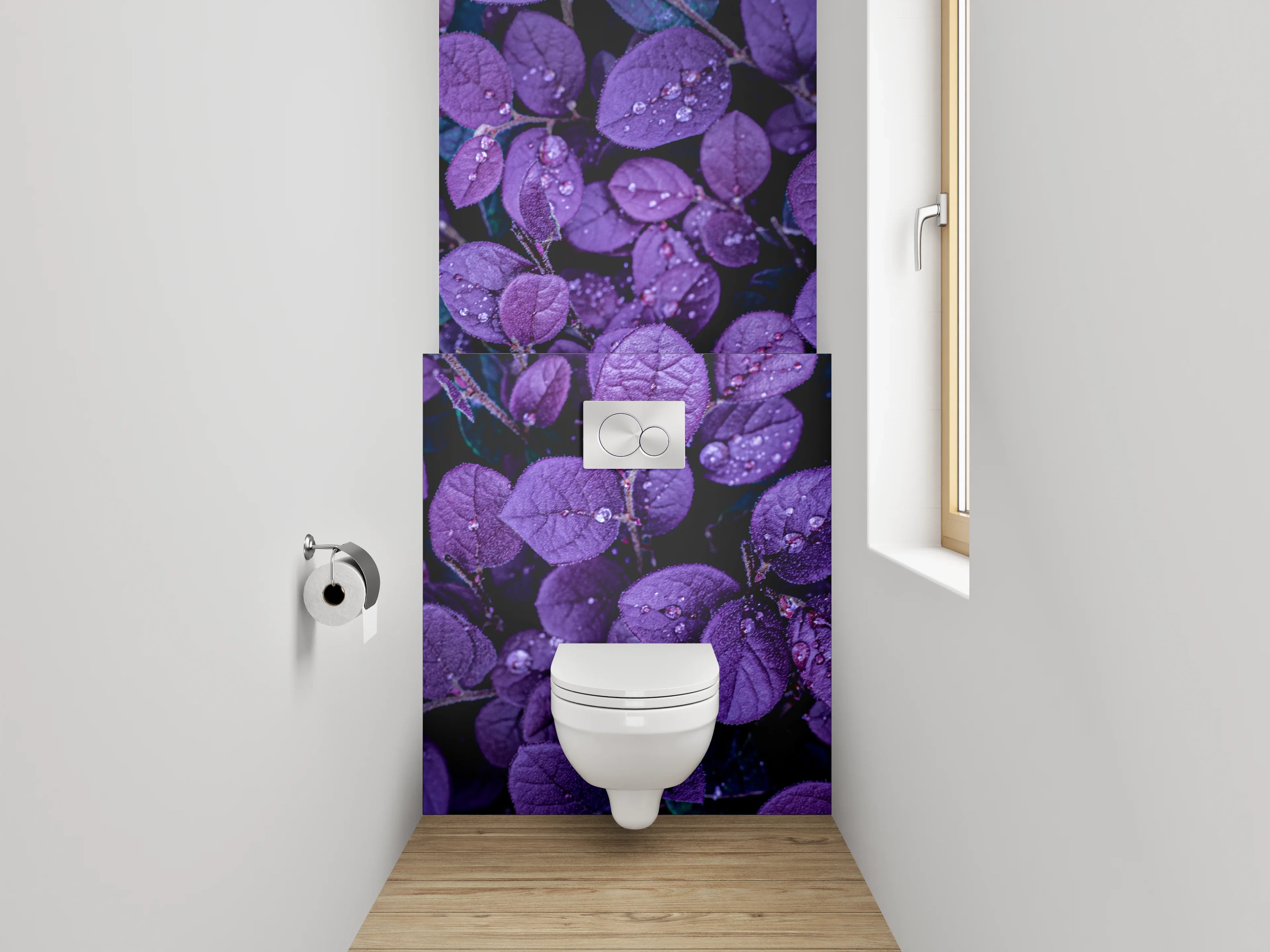 WC-Rückwand - Violette Blätter mit Wassertropfen