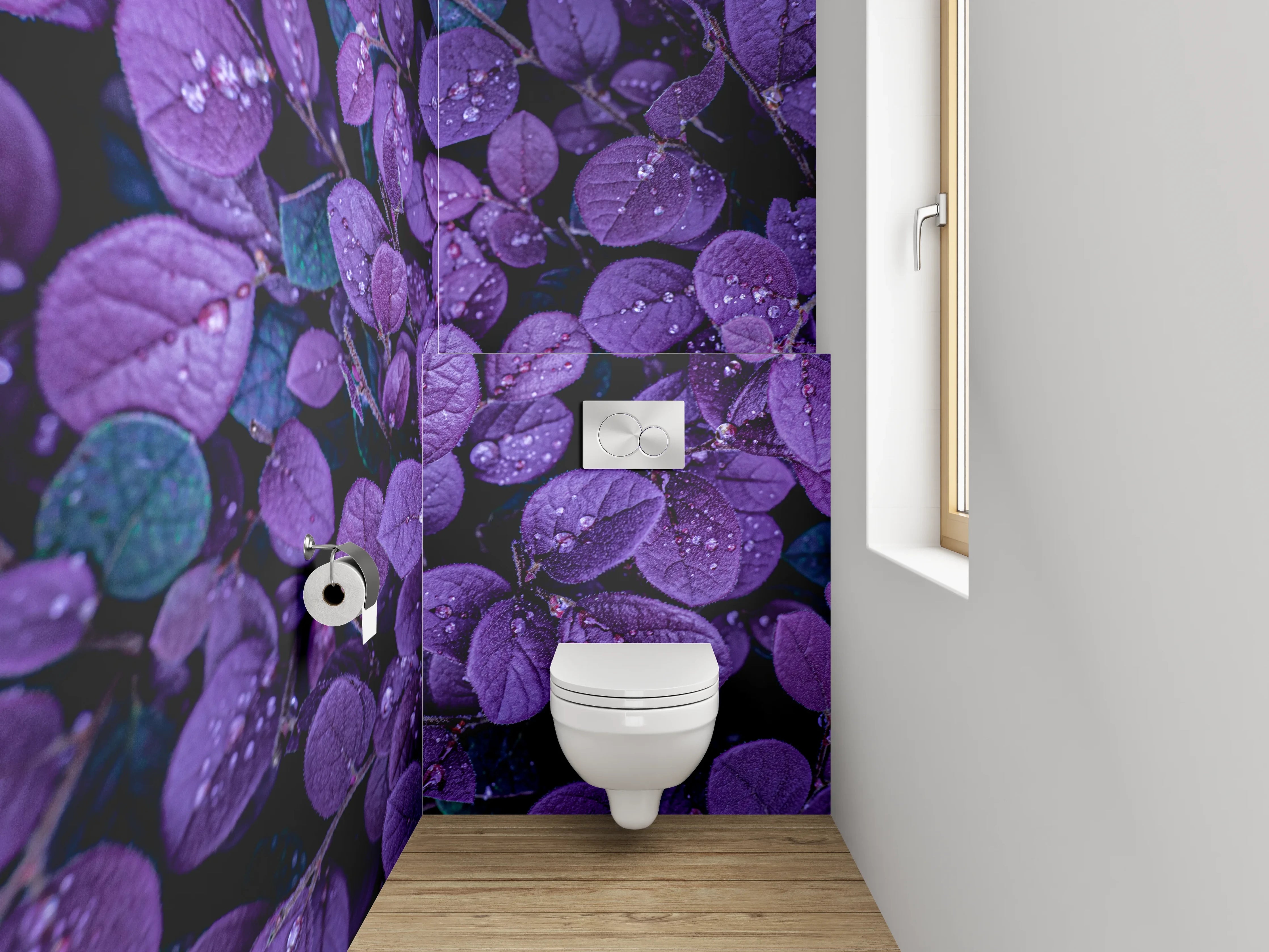 WC-Rückwand - Violette Blätter mit Wassertropfen