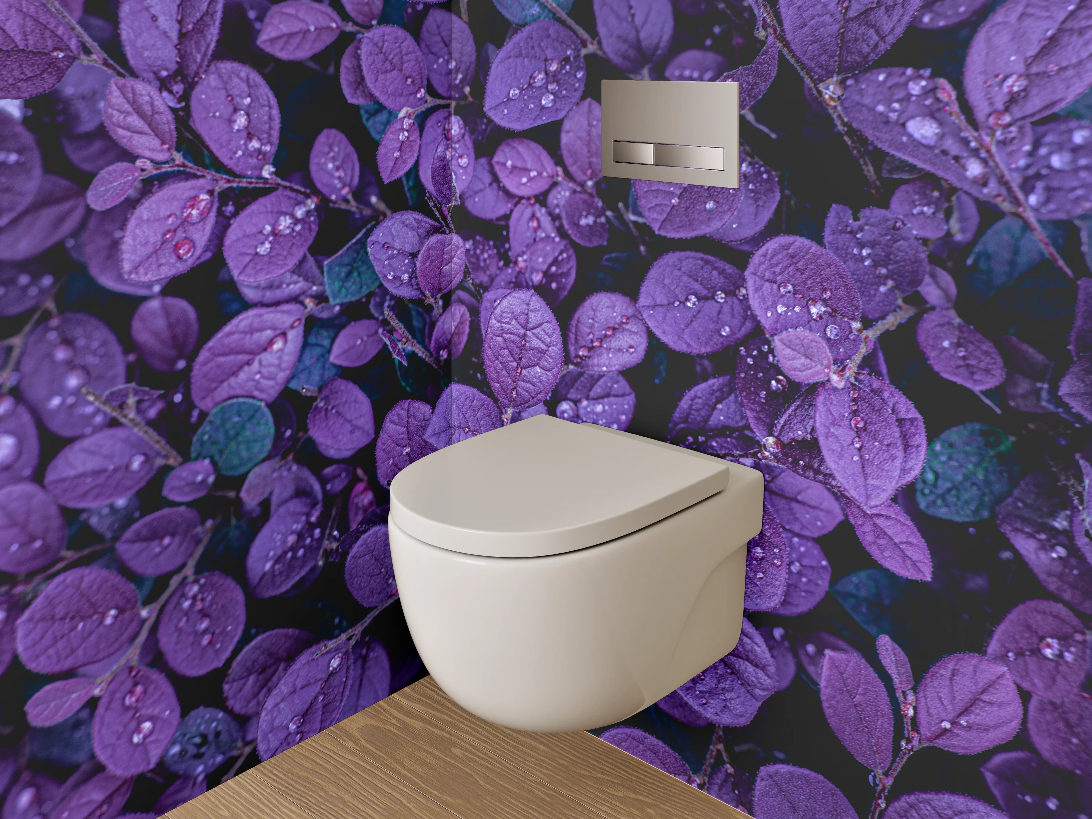 WC-Rückwand - Violette Blätter mit Wassertropfen