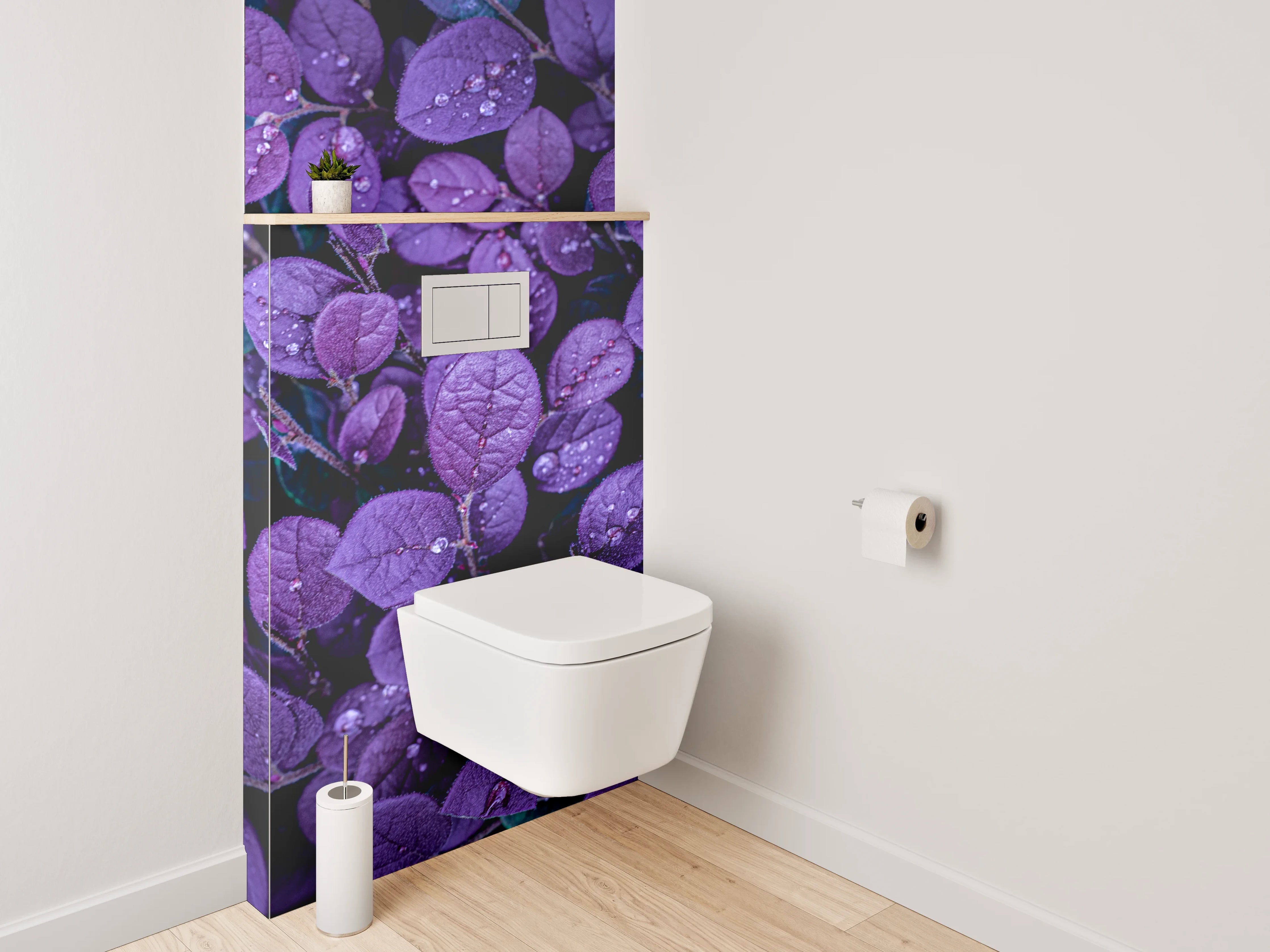 WC-Rückwand - Violette Blätter mit Wassertropfen