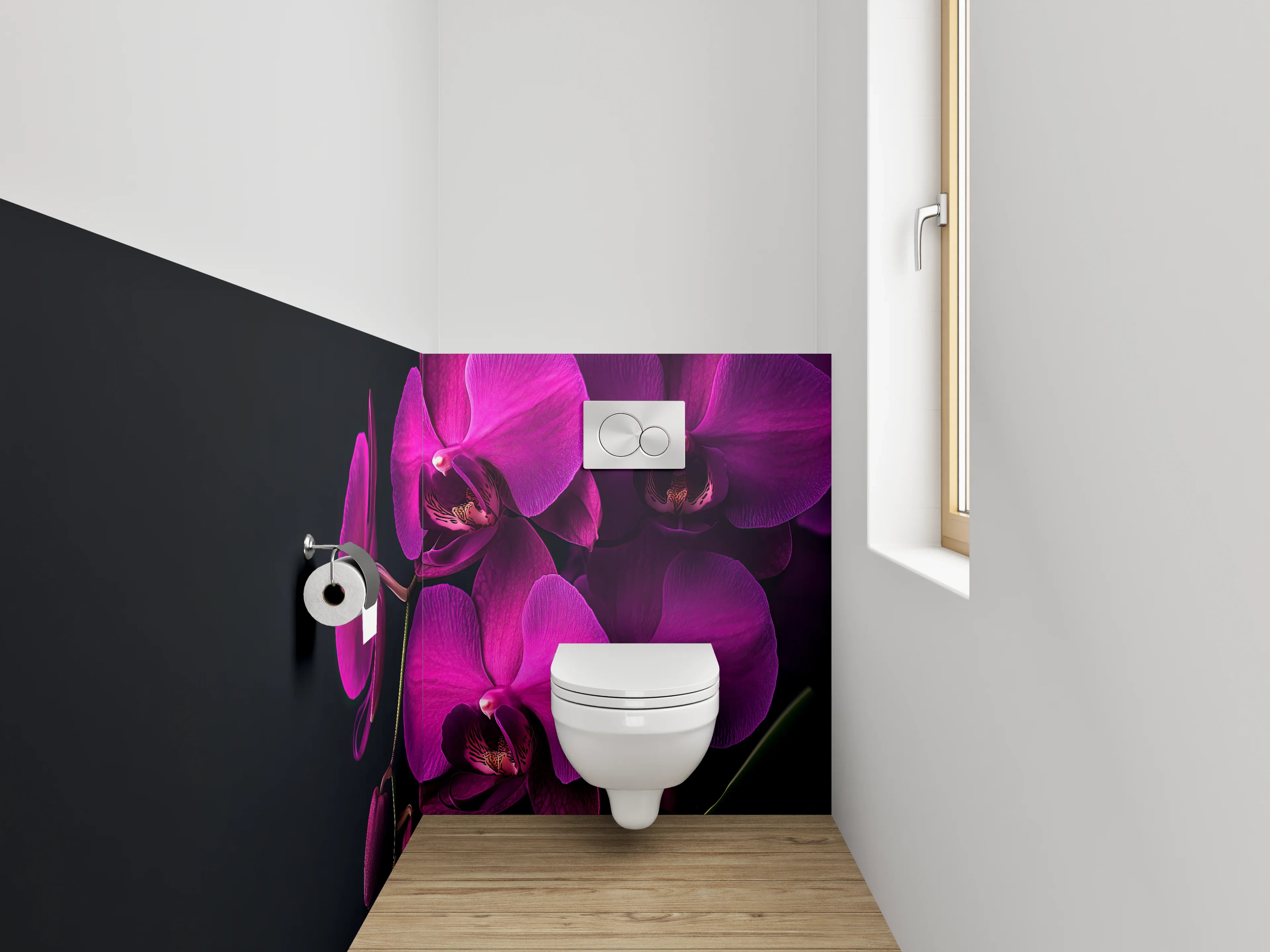 WC-Rückwand - Violette Orchidee auf schwarzem Hintergrund