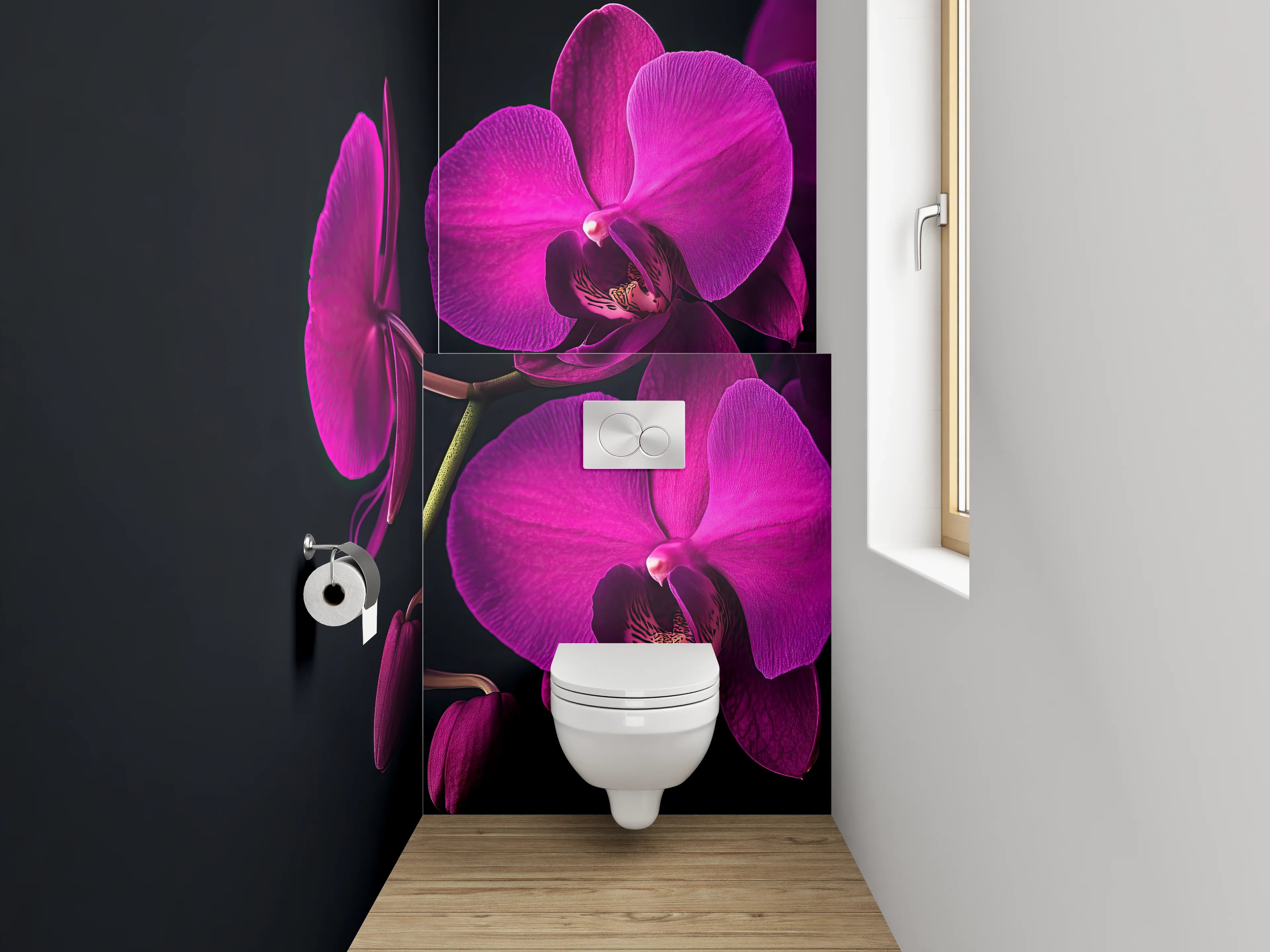 WC-Rückwand - Violette Orchidee auf schwarzem Hintergrund