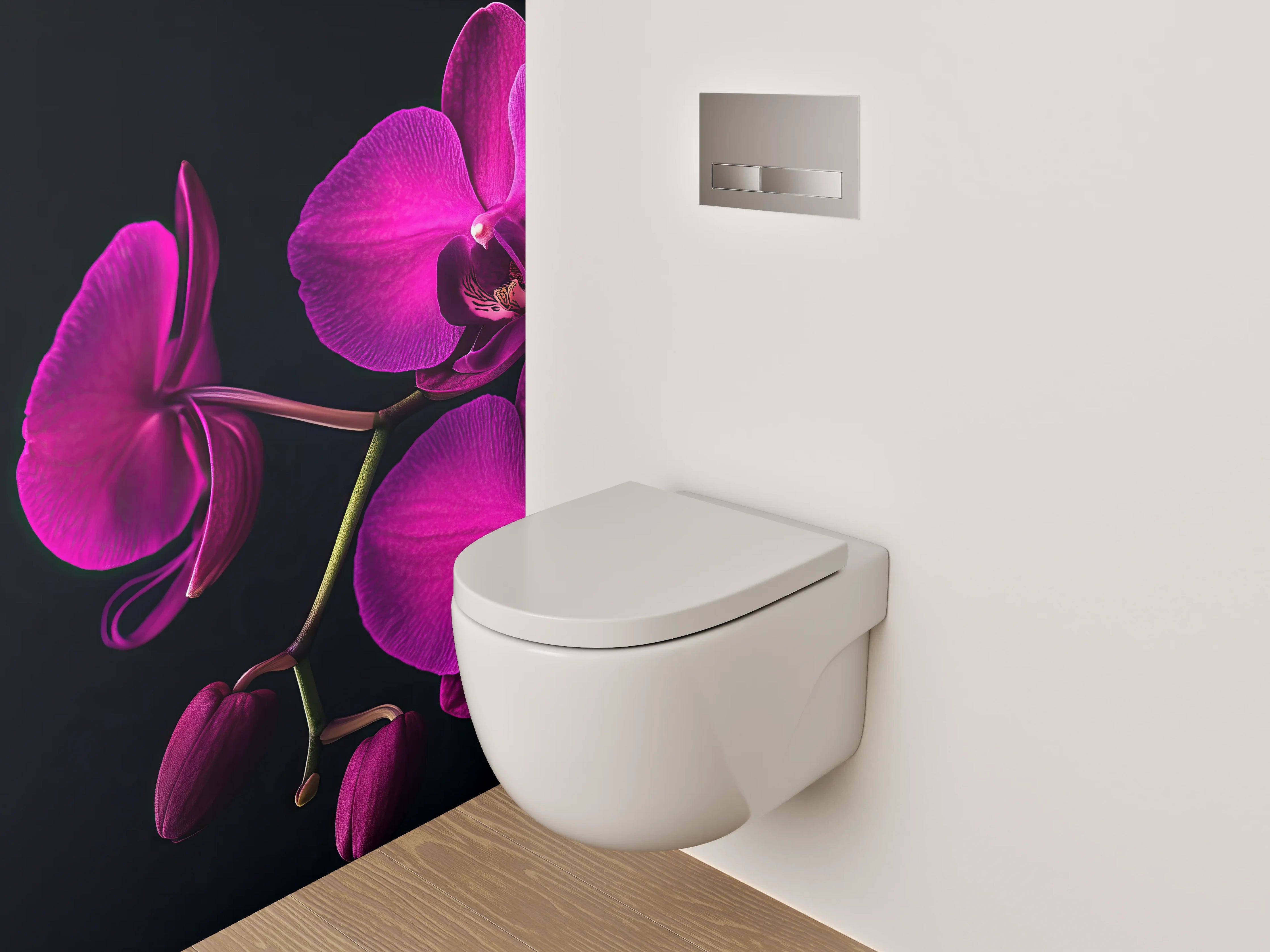 WC-Rückwand - Violette Orchidee auf schwarzem Hintergrund