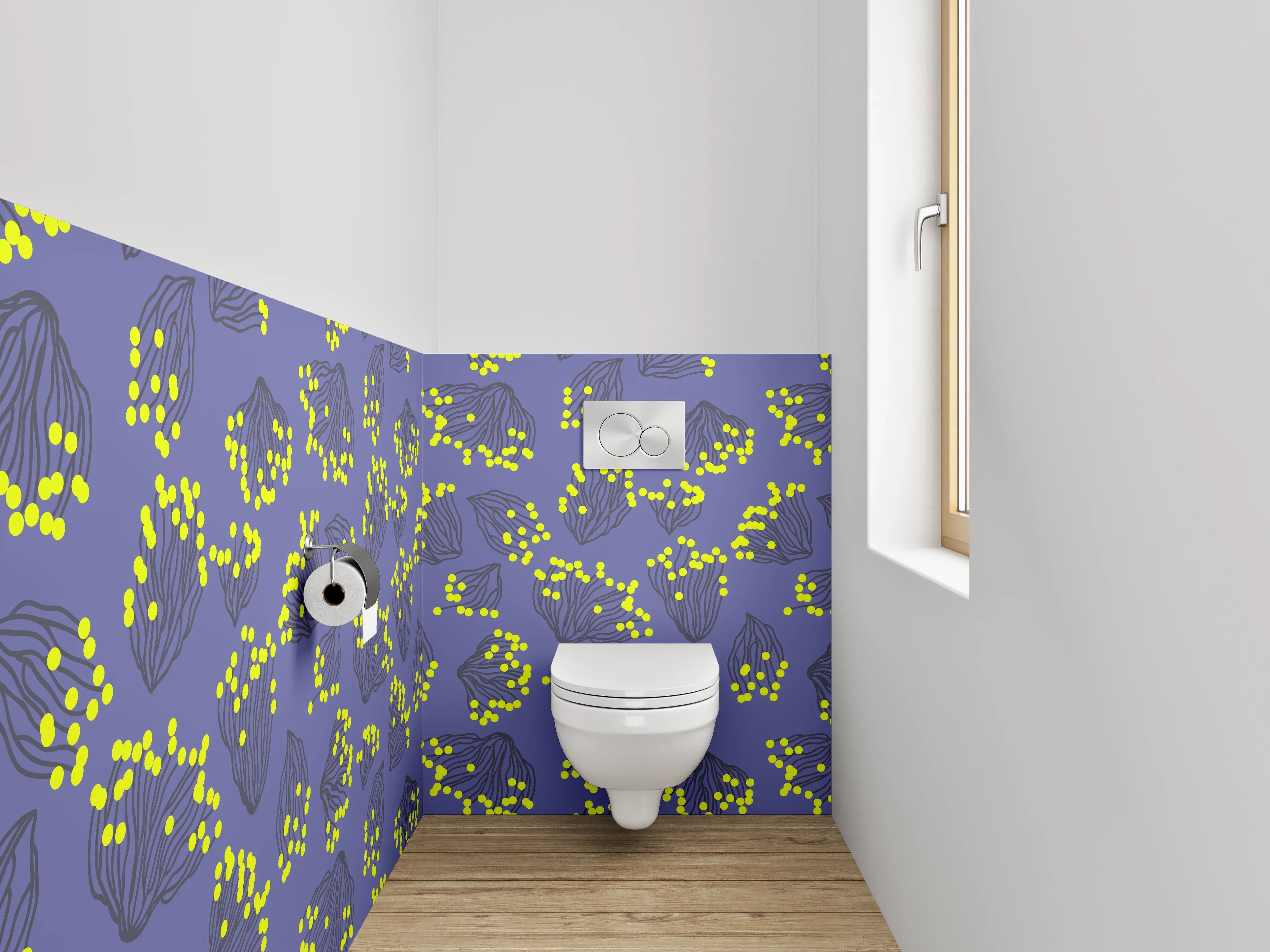 WC-Rückwand - Violettes Muster Blumen Gelb Modern