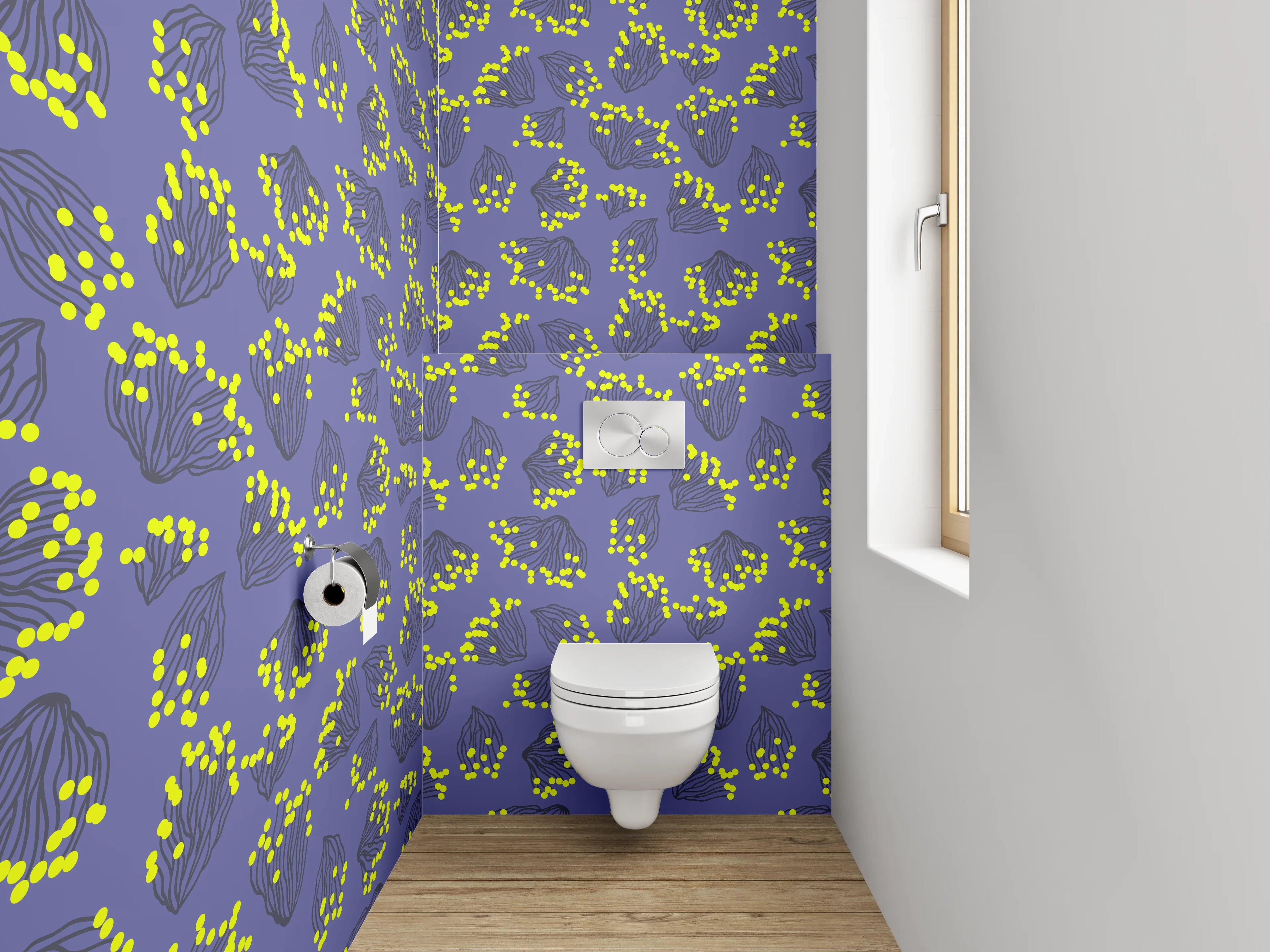 WC-Rückwand - Violettes Muster Blumen Gelb Modern