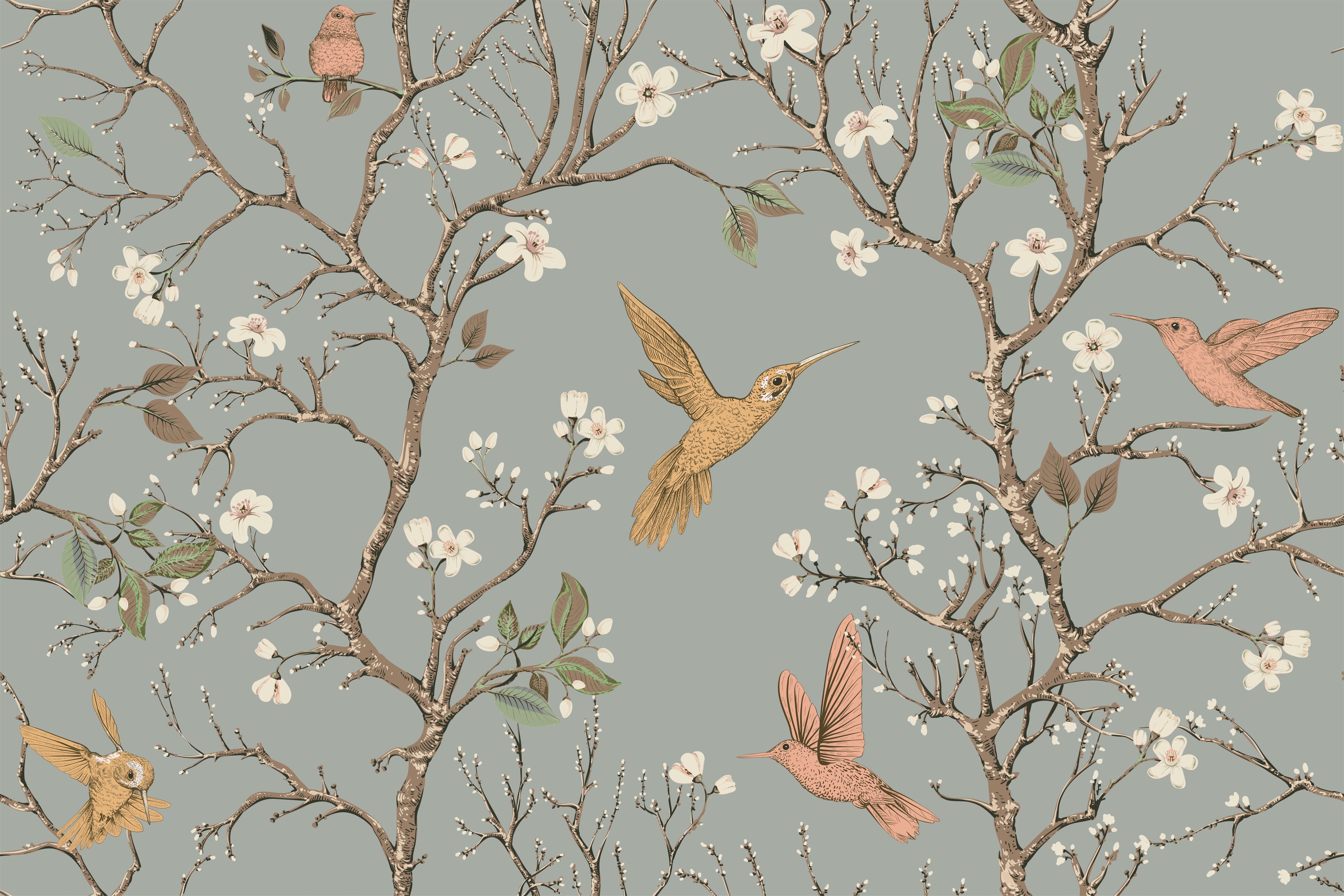 WC-Rückwand-Vögel und Blüten Zweig Illustration