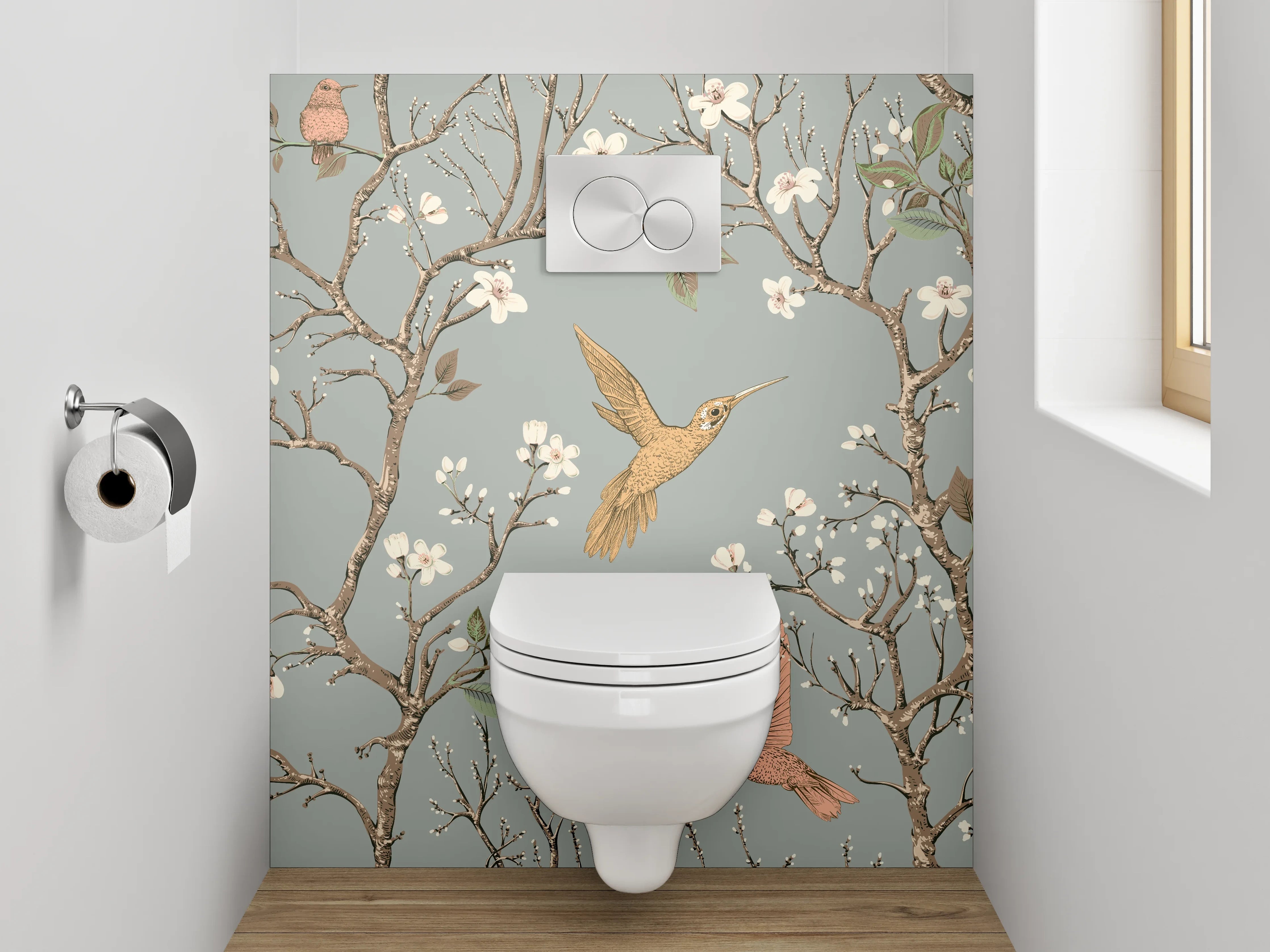 WC-Rückwand - Vögel und Blüten Zweig Illustration