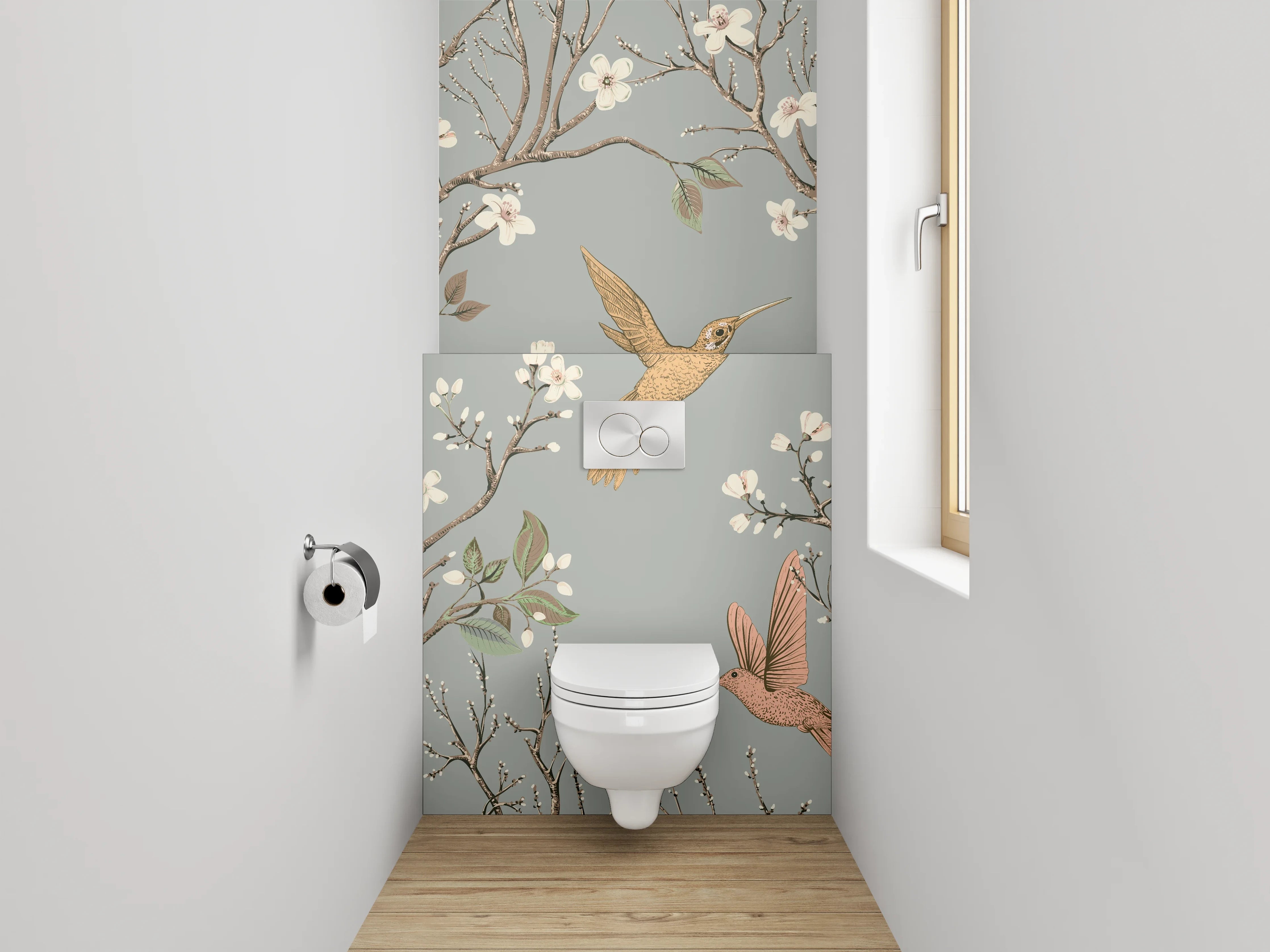 WC-Rückwand - Vögel und Blüten Zweig Illustration