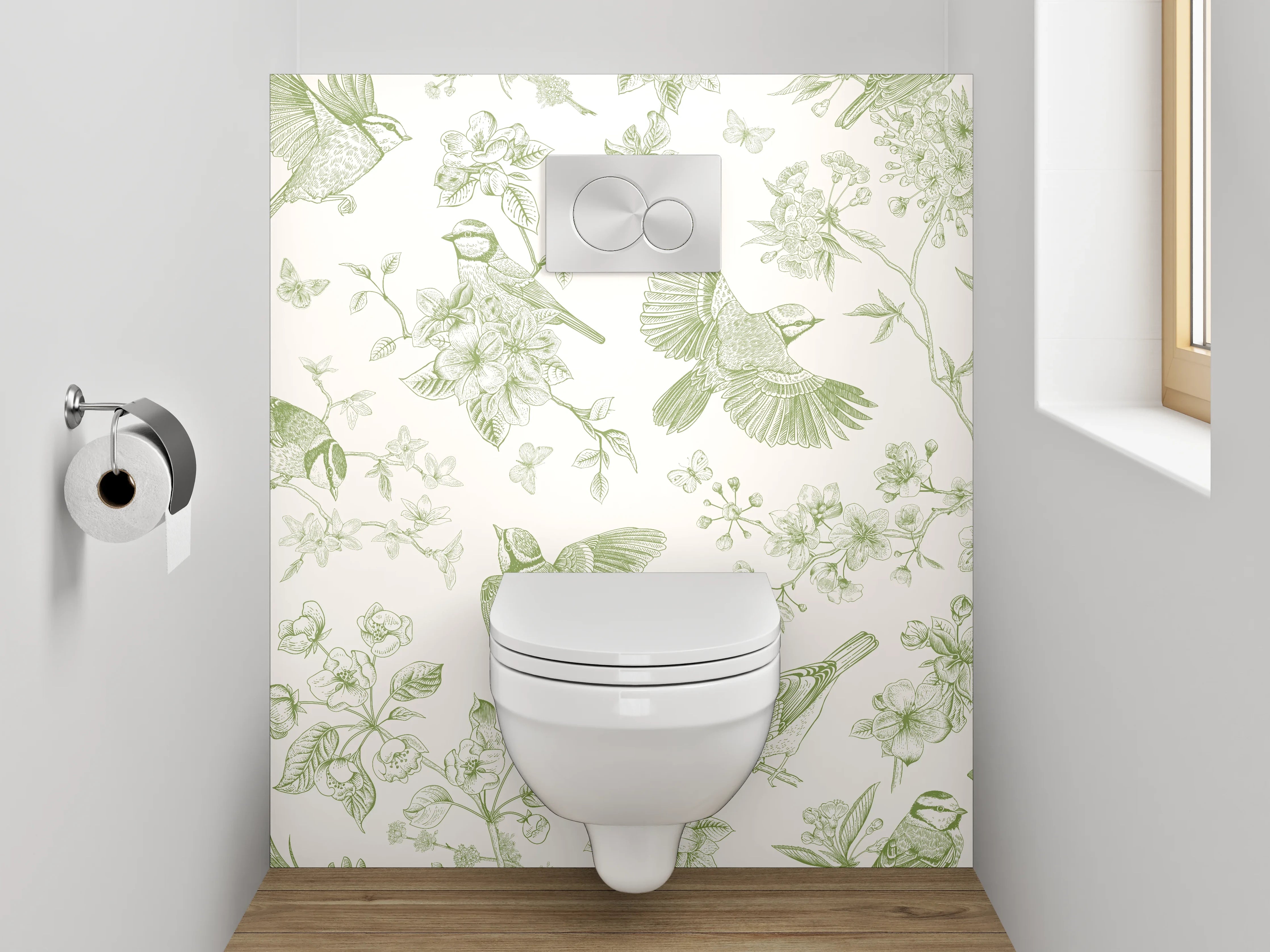 WC-Rückwand - Vögel und Blüten grüne Illustration