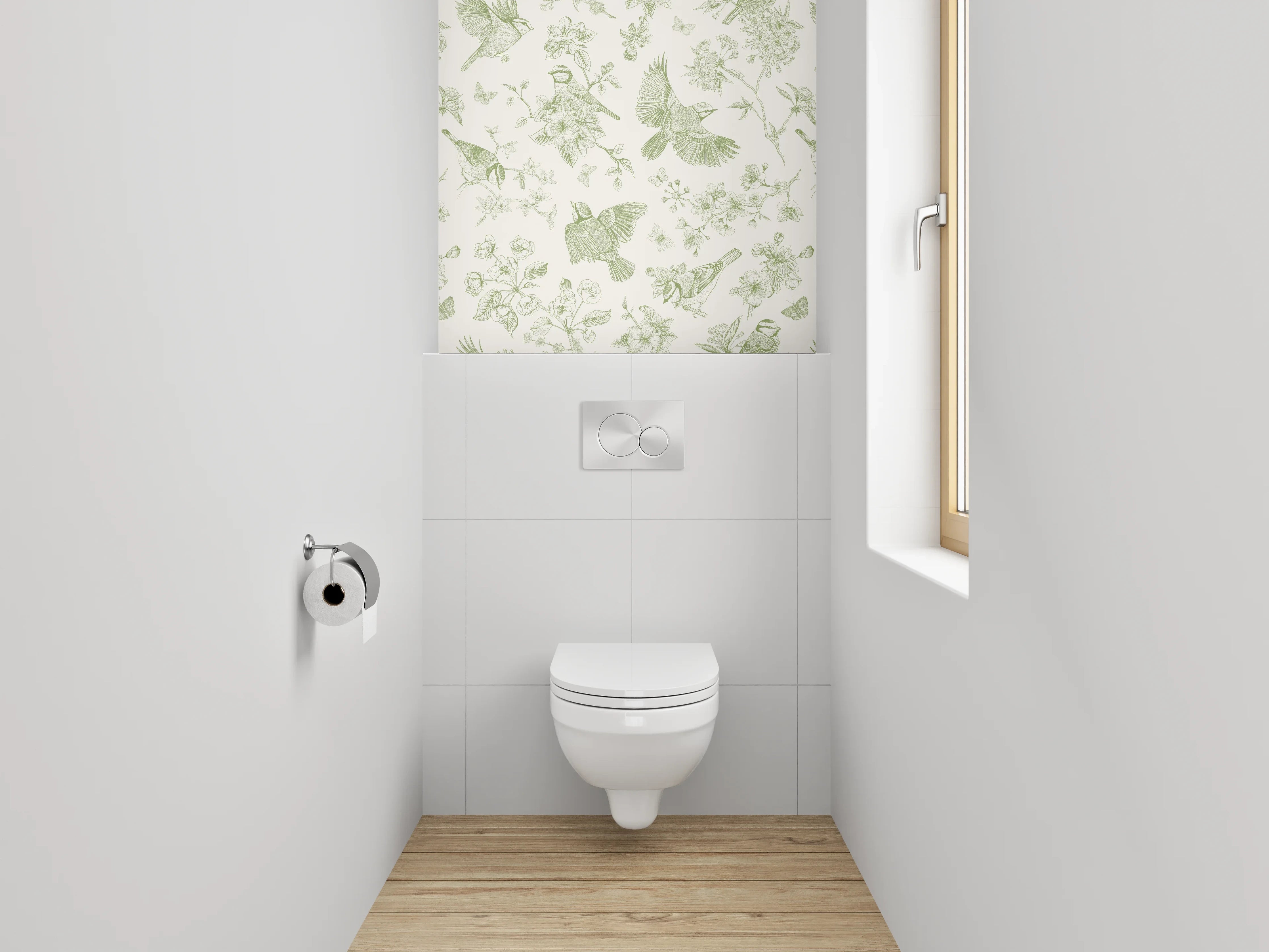 WC-Rückwand - Vögel und Blüten grüne Illustration