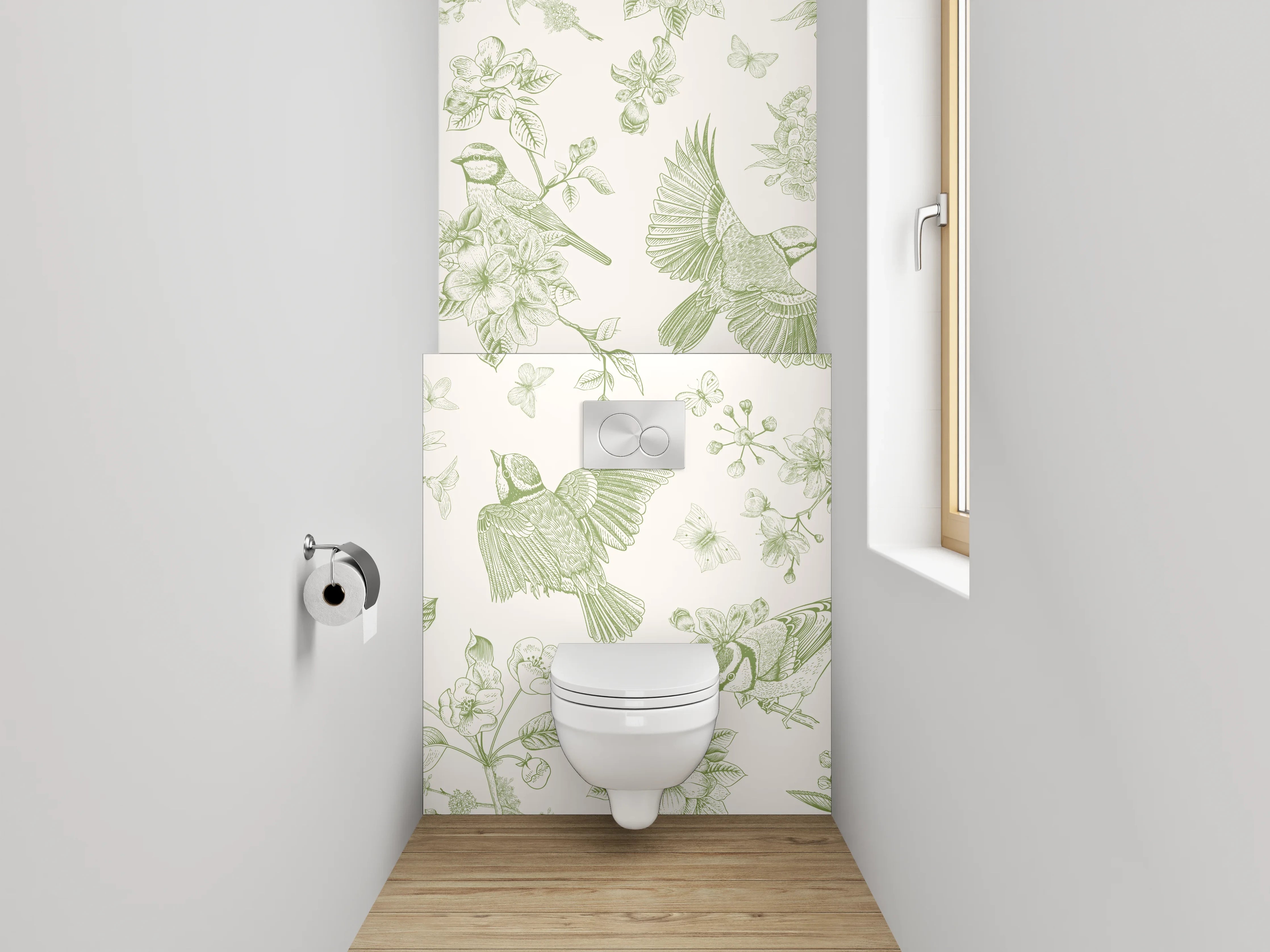 WC-Rückwand - Vögel und Blüten grüne Illustration