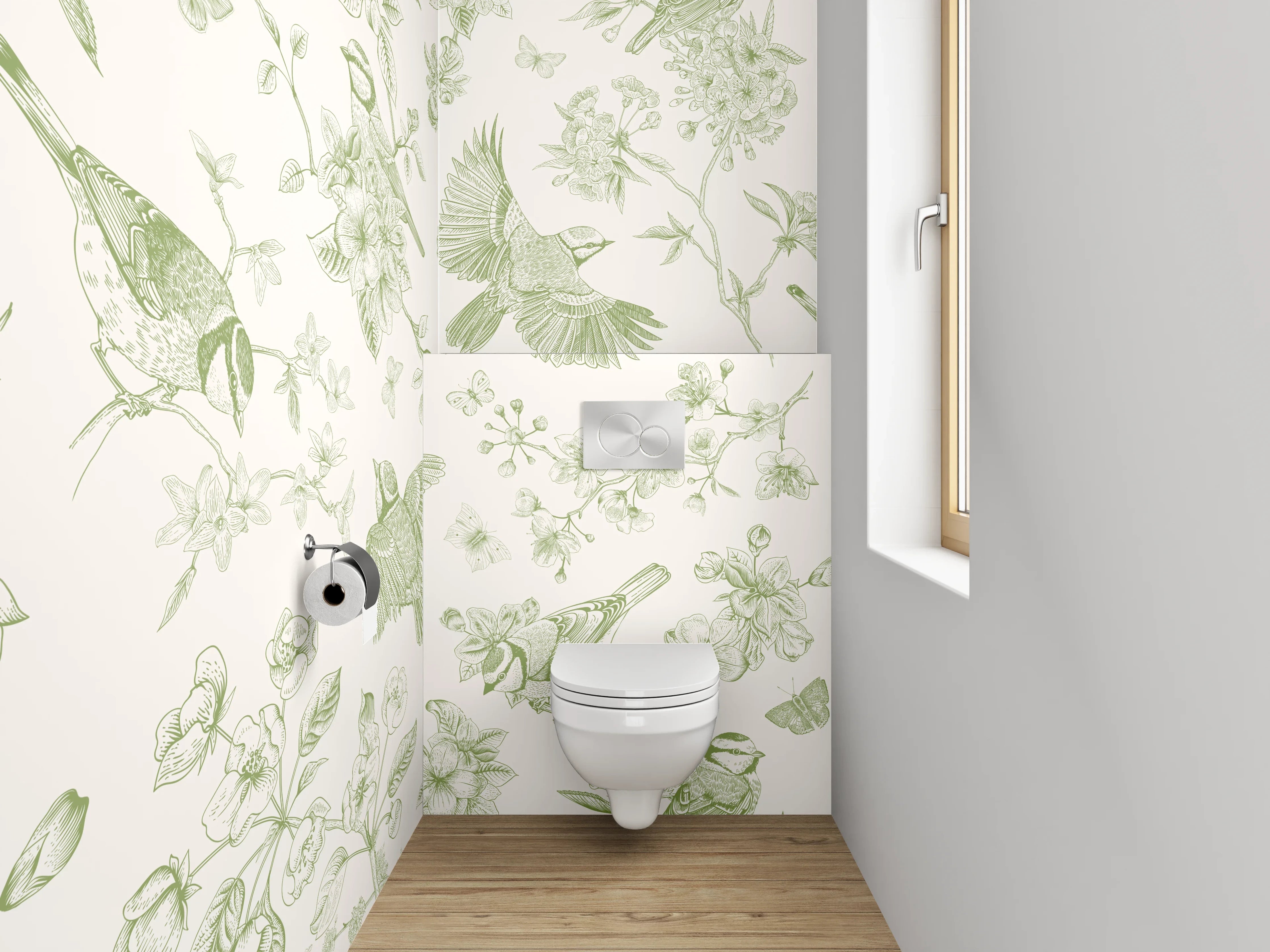 WC-Rückwand - Vögel und Blüten grüne Illustration