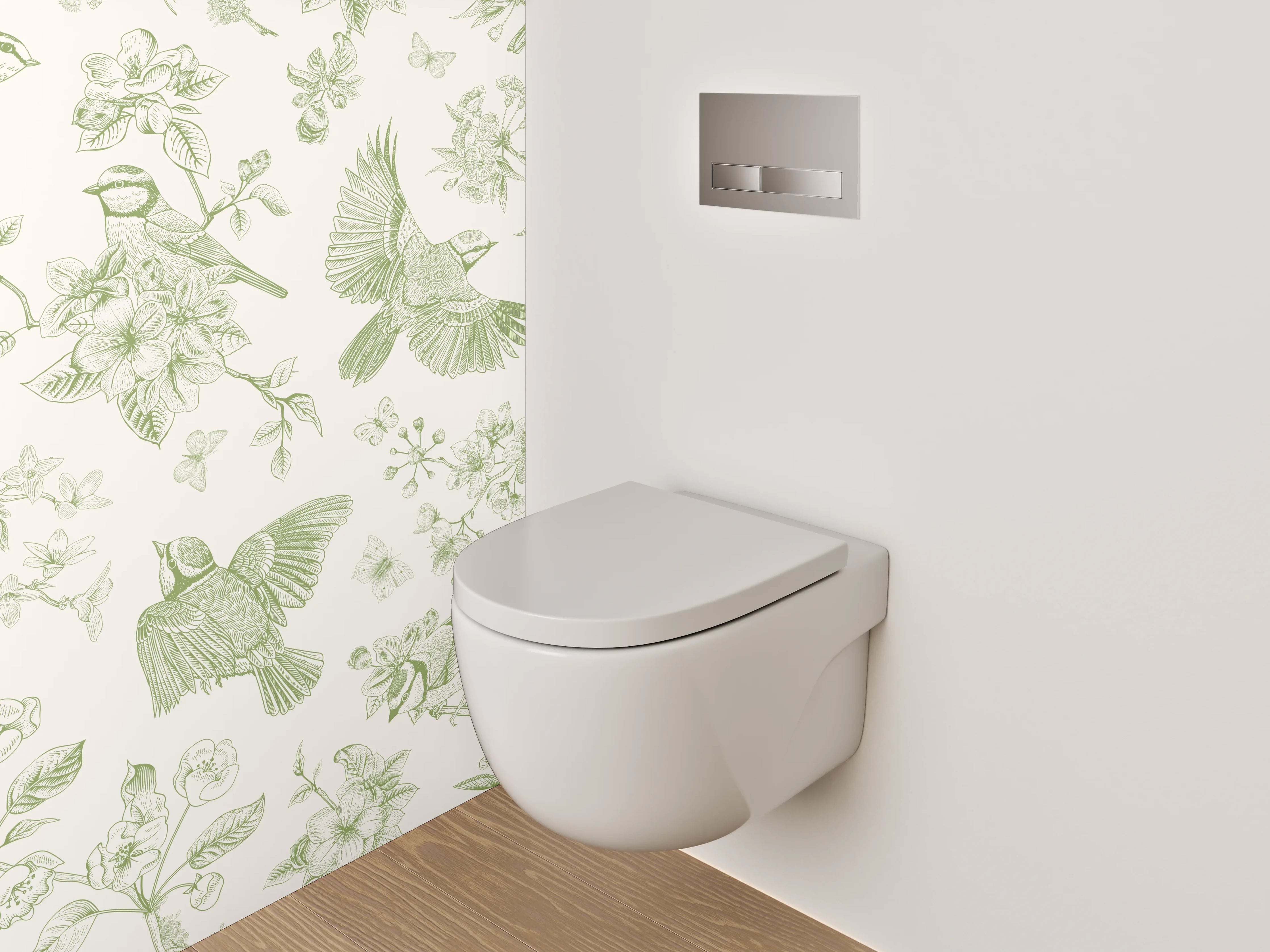WC-Rückwand - Vögel und Blüten grüne Illustration