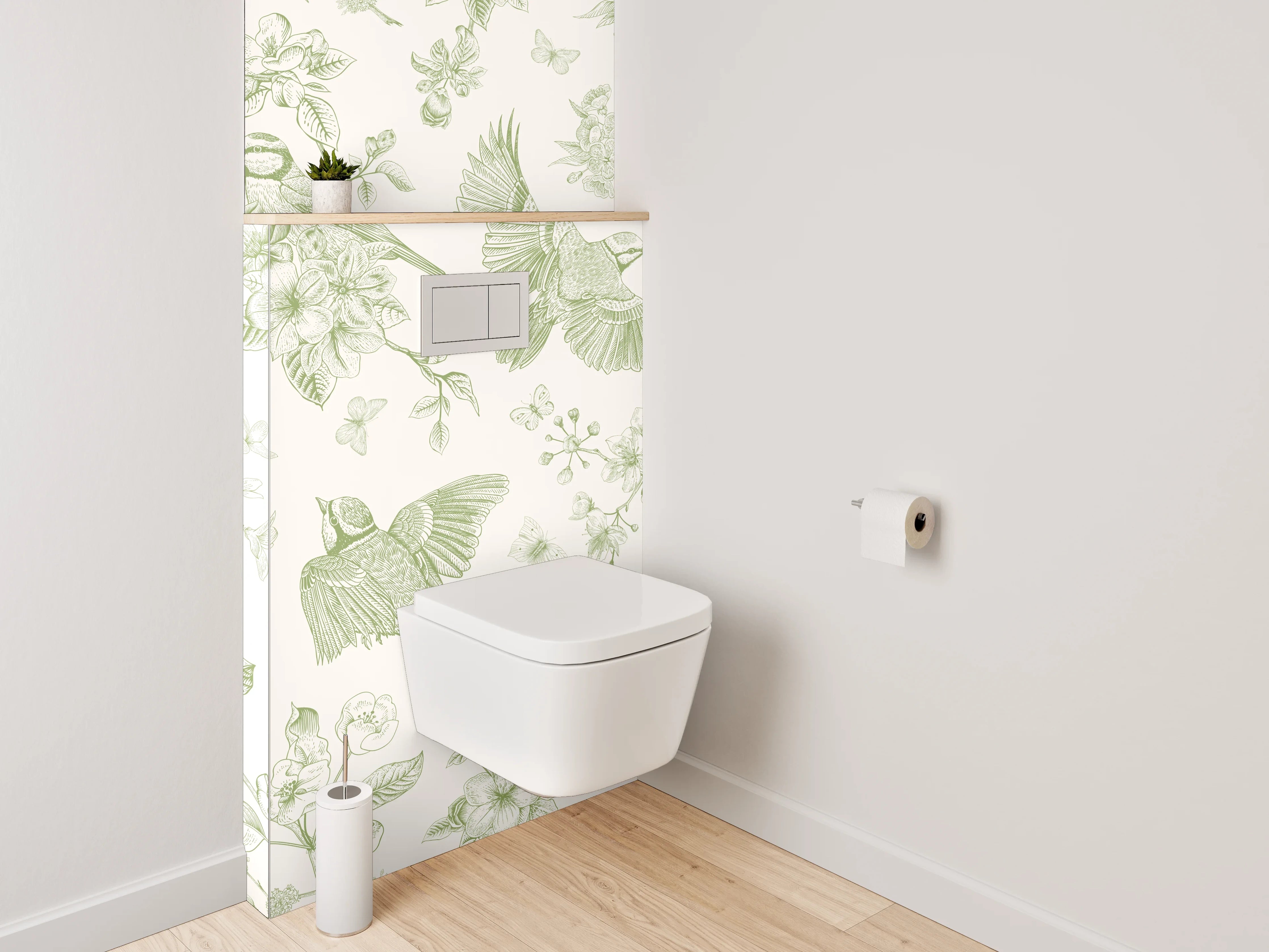 WC-Rückwand - Vögel und Blüten grüne Illustration