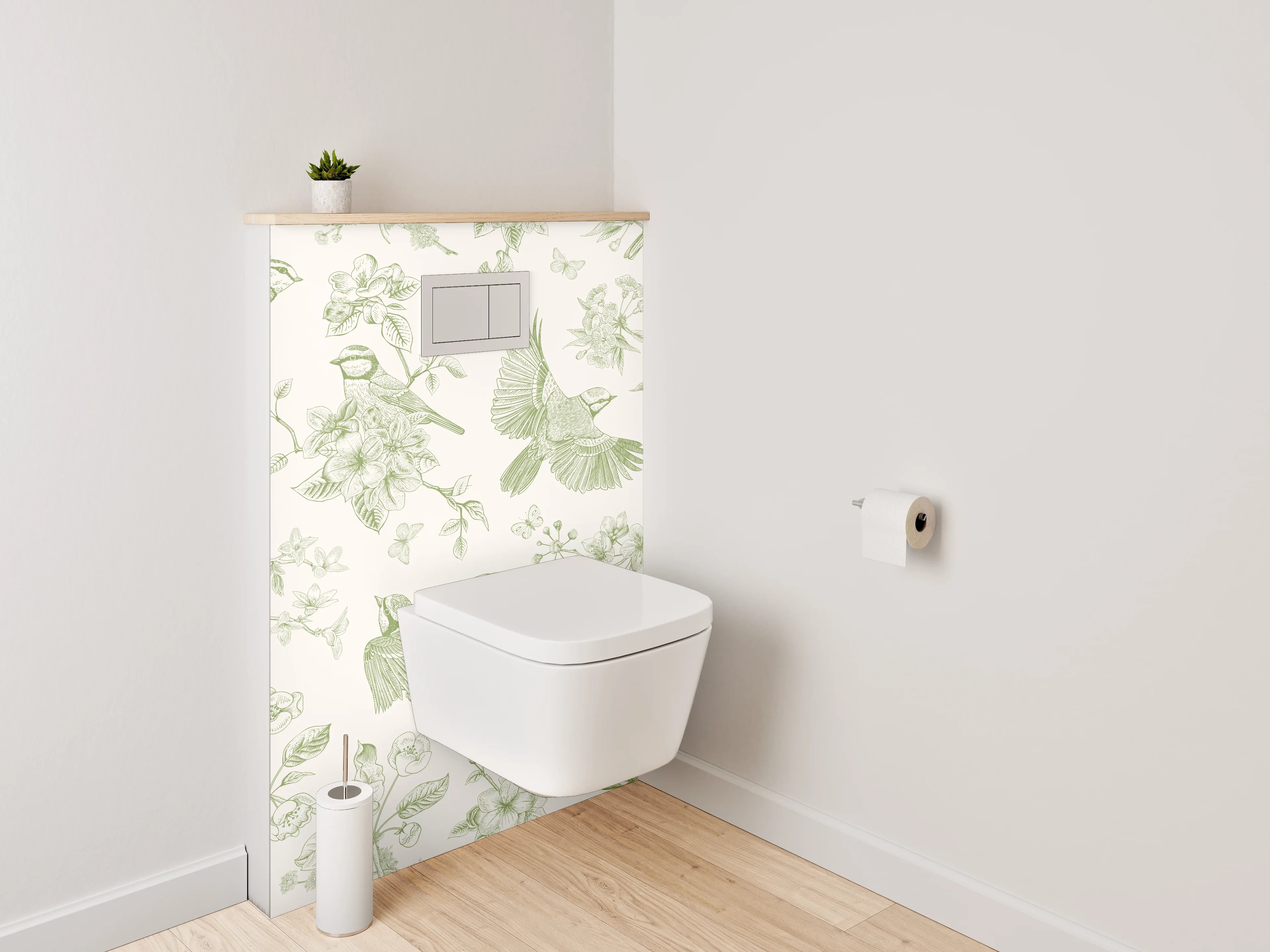 WC-Rückwand - Vögel und Blüten grüne Illustration