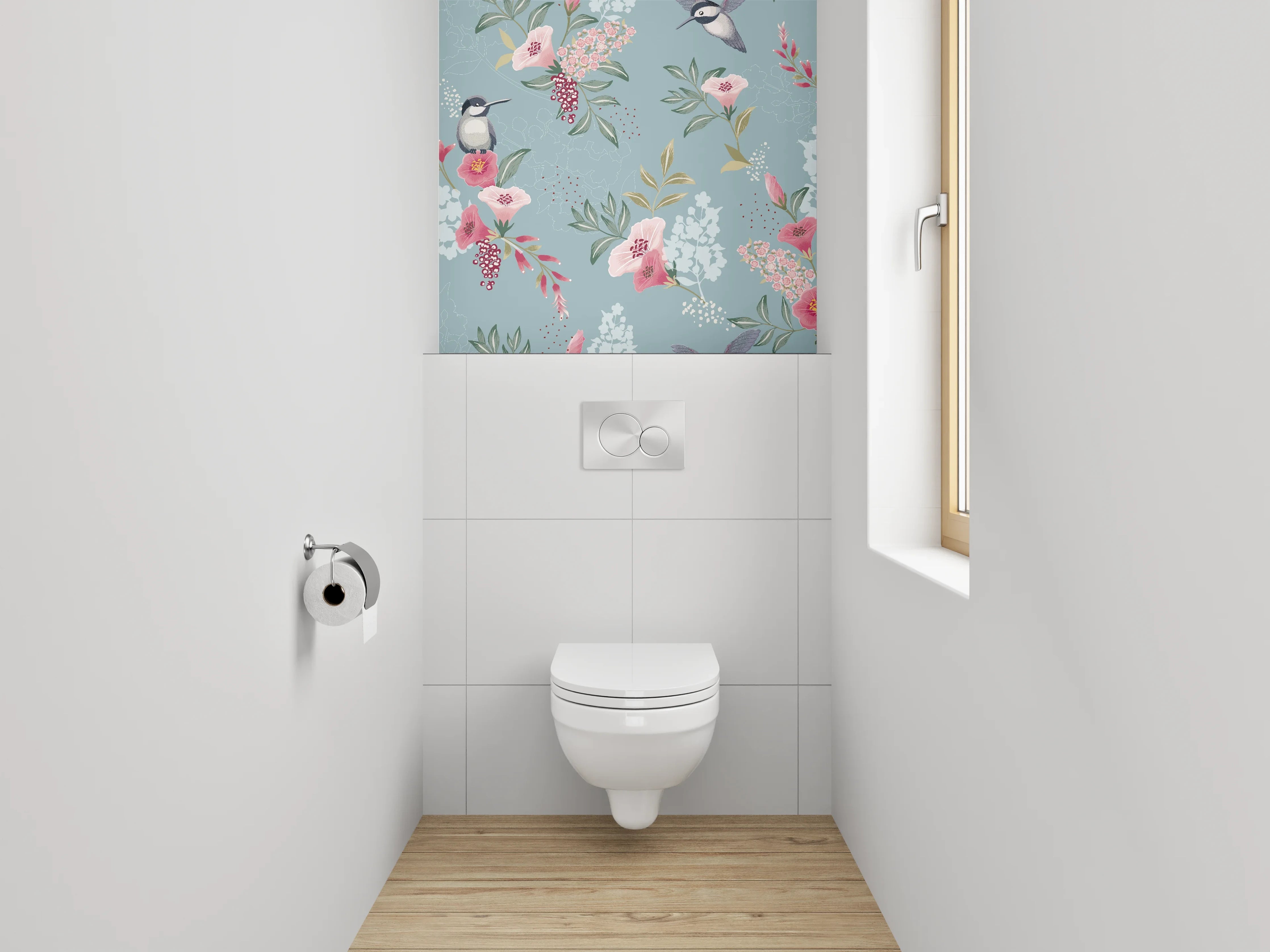 WC-Rückwand - Vögel und Blumen Aquarellmuster