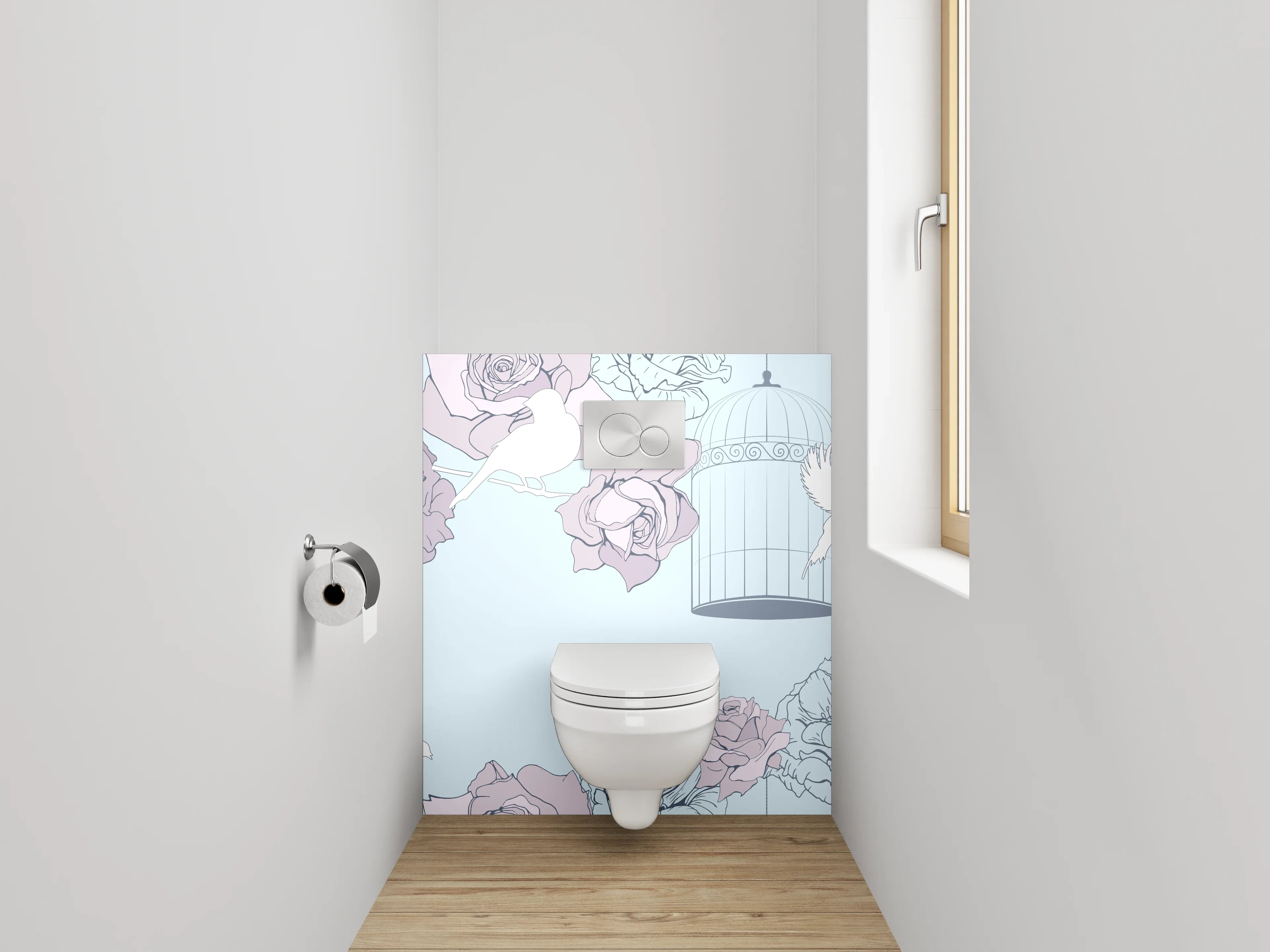 WC-Rückwand - Vögel und Rosen im Pastellkäfig