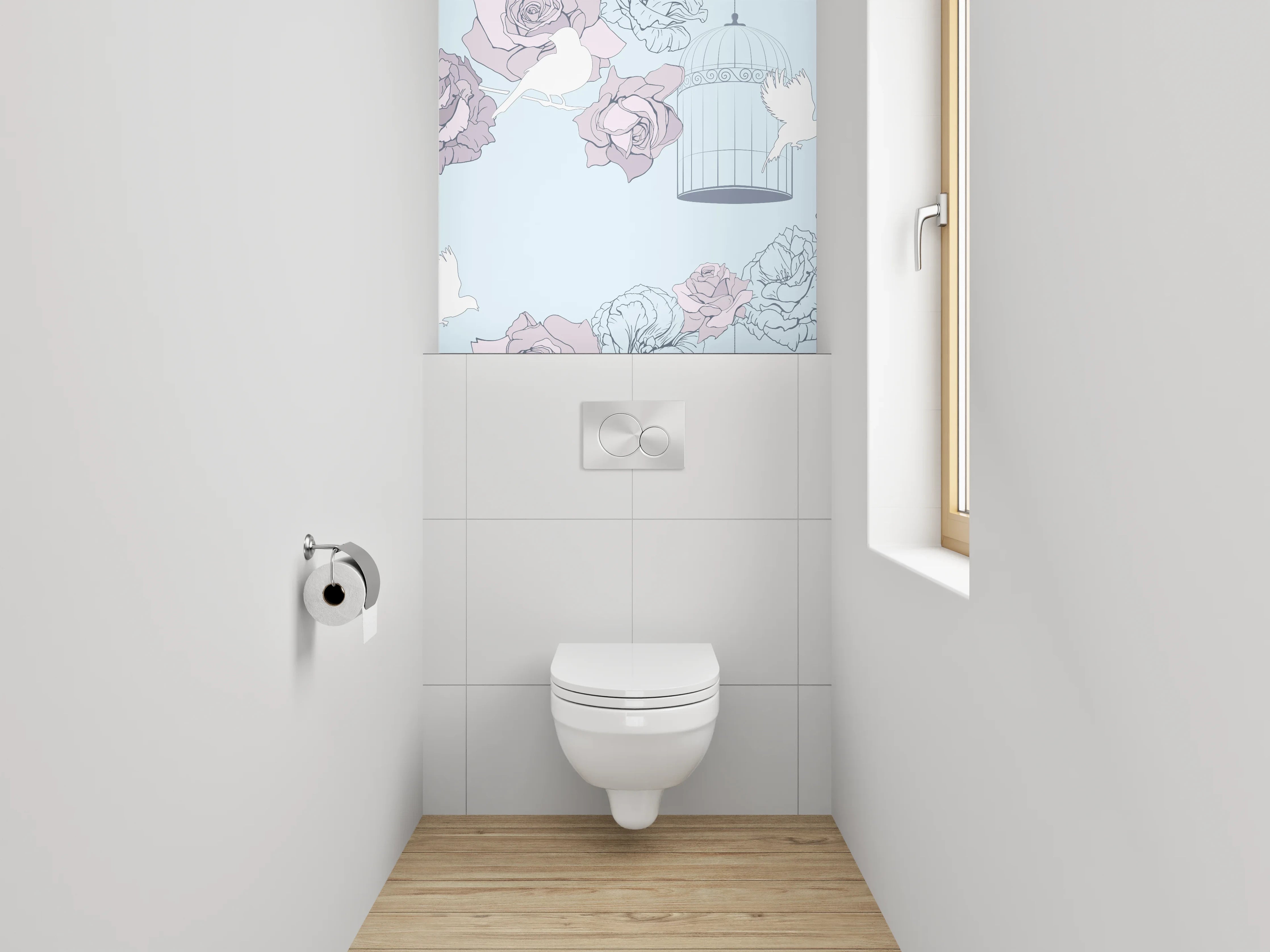 WC-Rückwand - Vögel und Rosen im Pastellkäfig