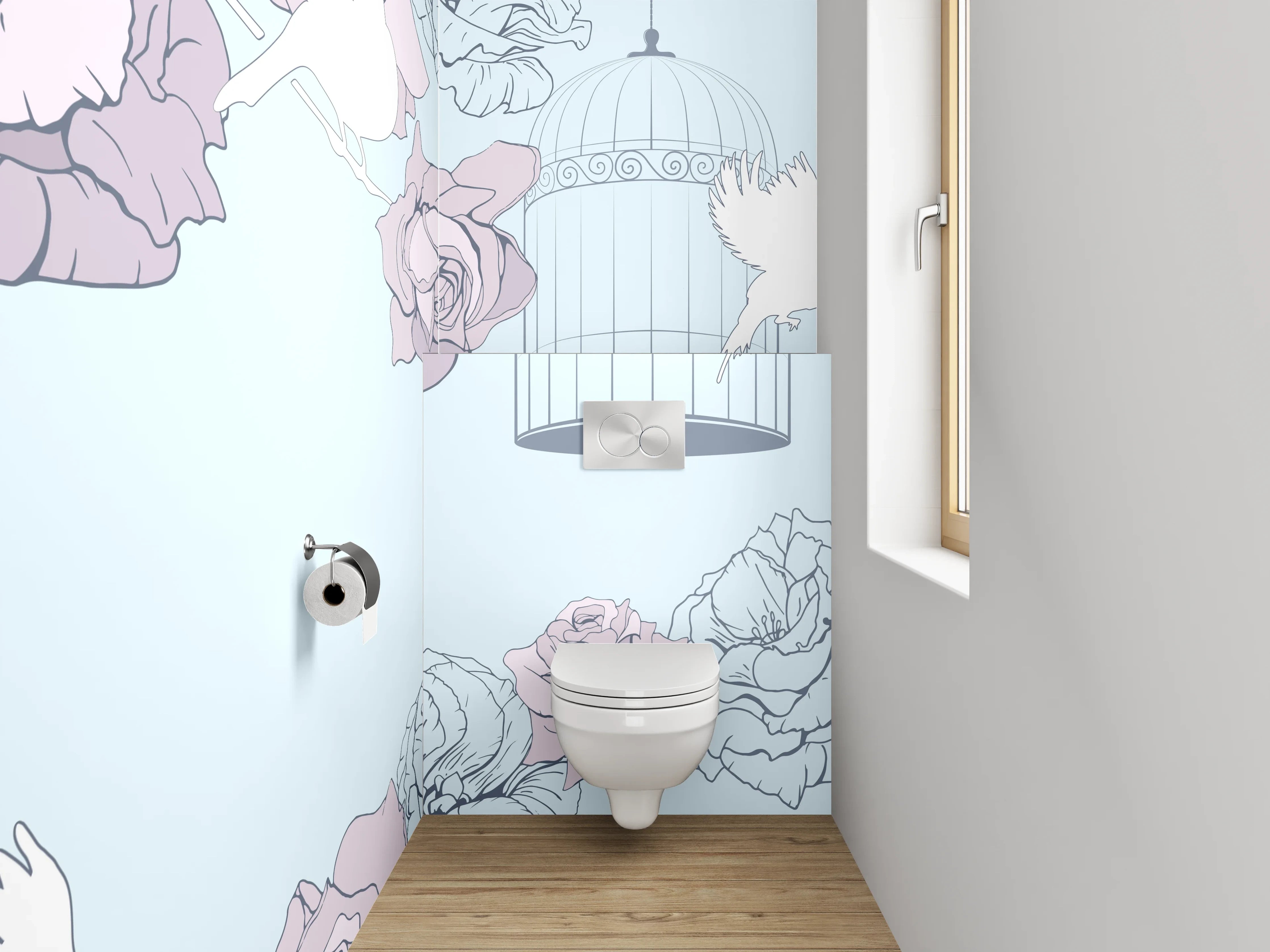 WC-Rückwand - Vögel und Rosen im Pastellkäfig