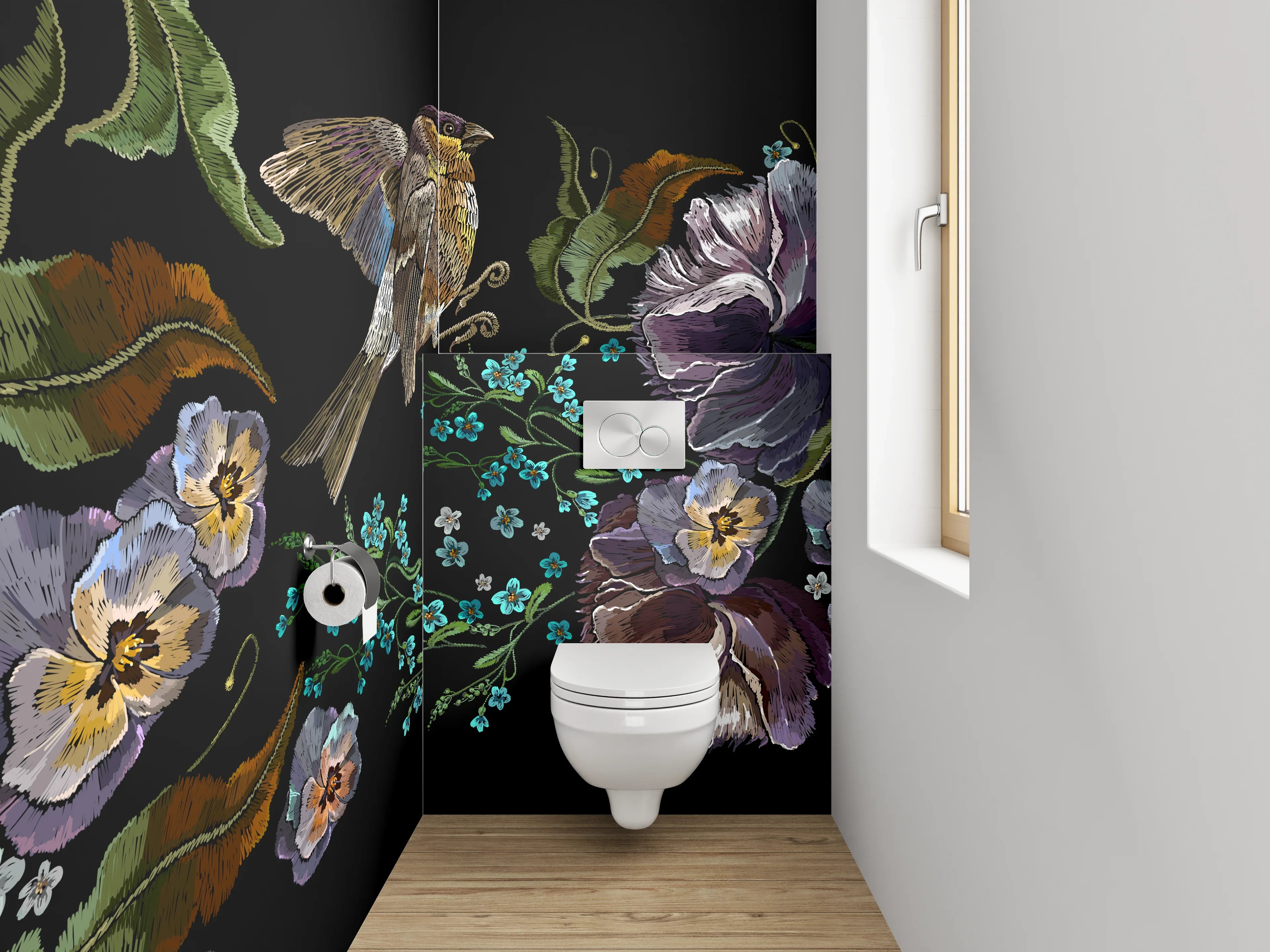 WC-Rückwand - Vogel und Blumen Illustration auf Schwarz