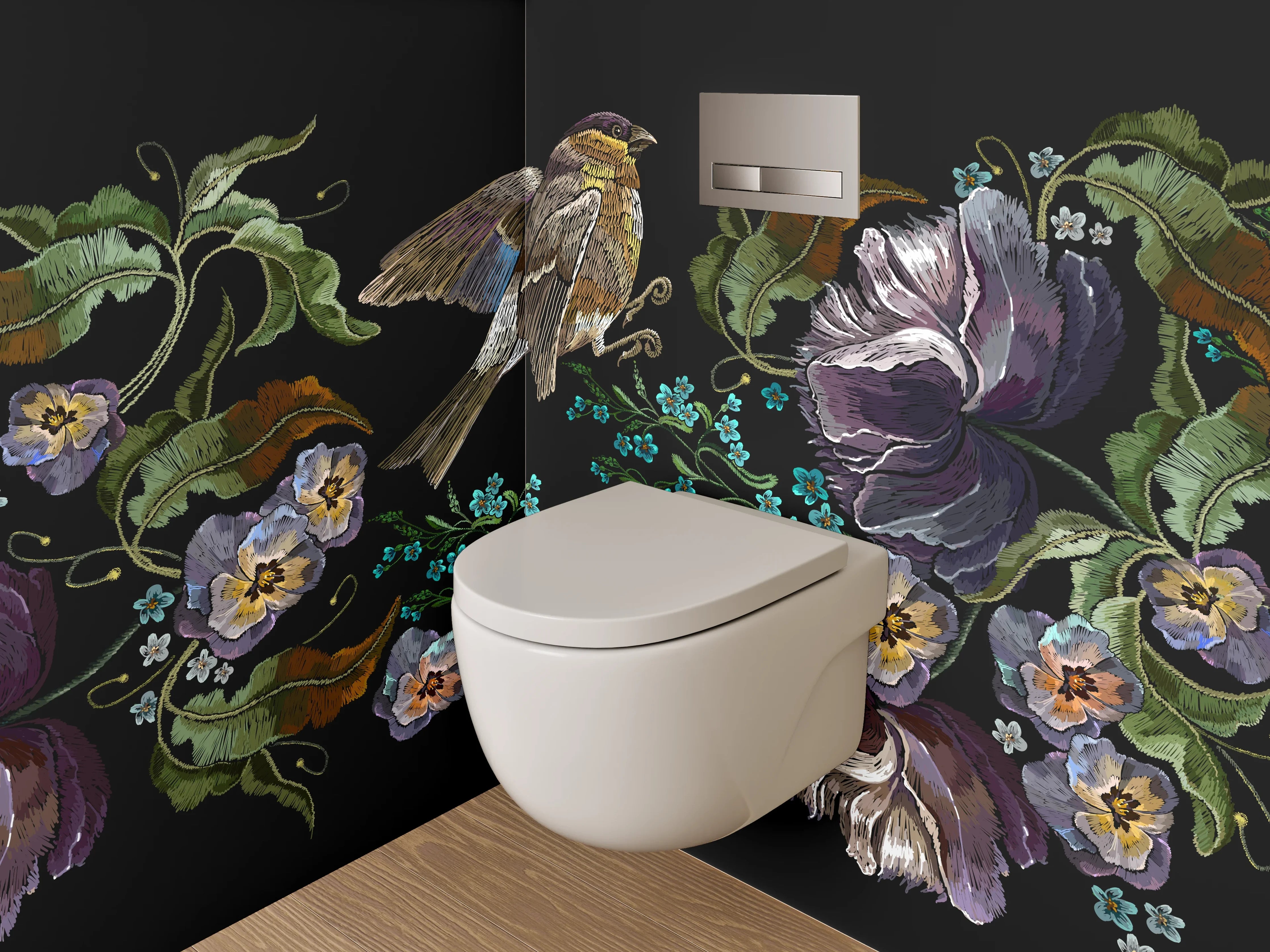 WC-Rückwand - Vogel und Blumen Illustration auf Schwarz