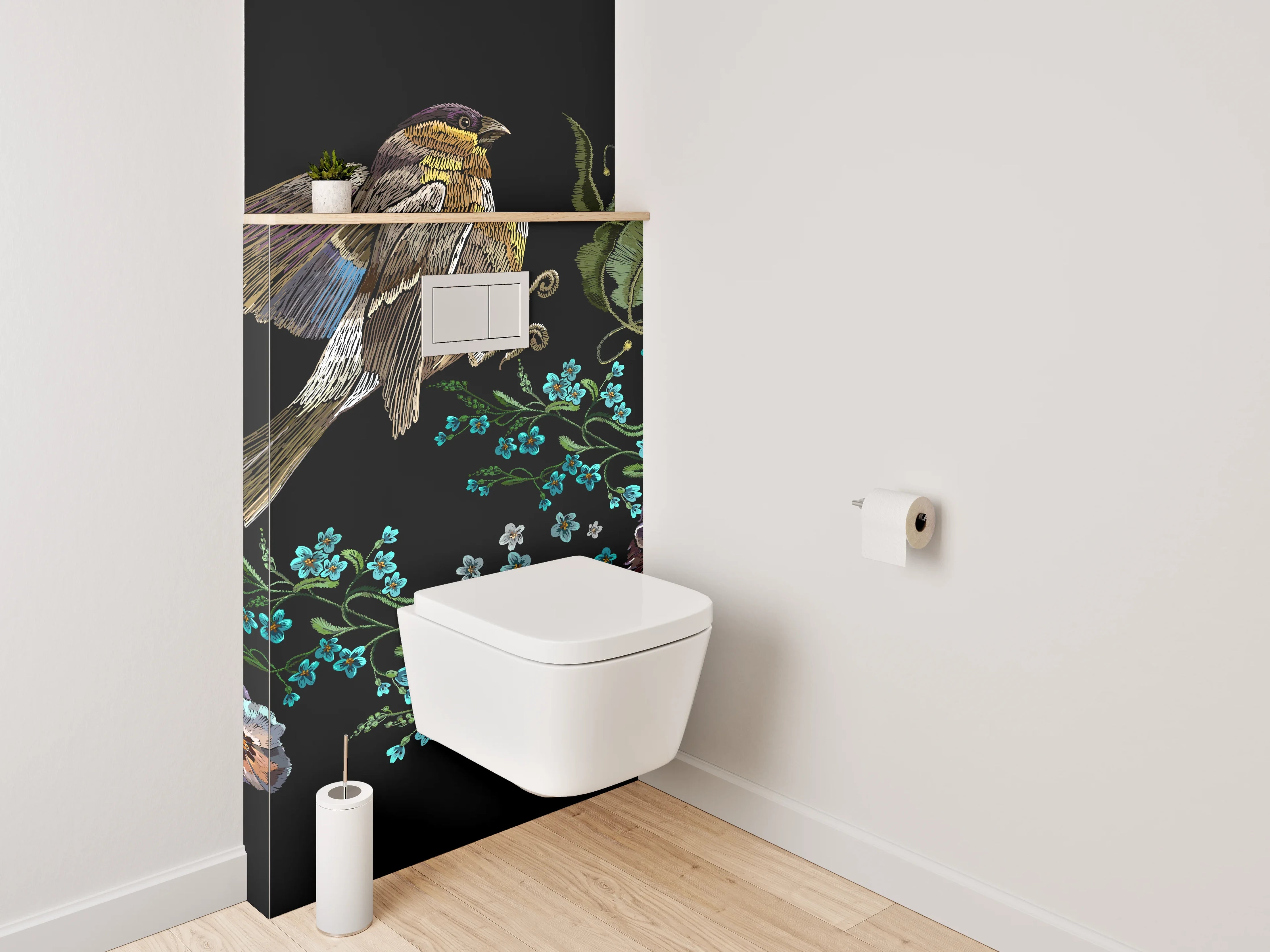 WC-Rückwand - Vogel und Blumen Illustration auf Schwarz