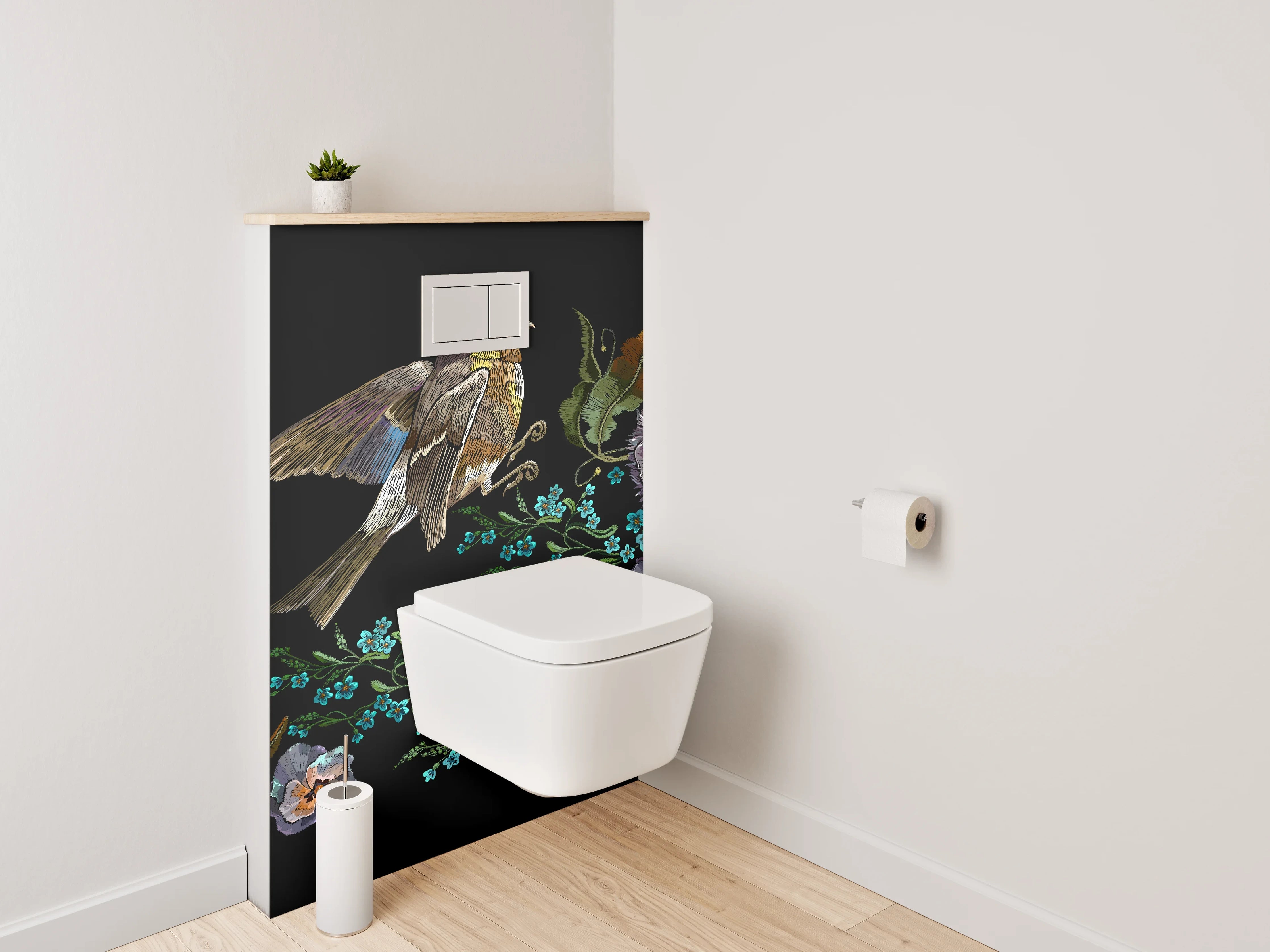 WC-Rückwand - Vogel und Blumen Illustration auf Schwarz