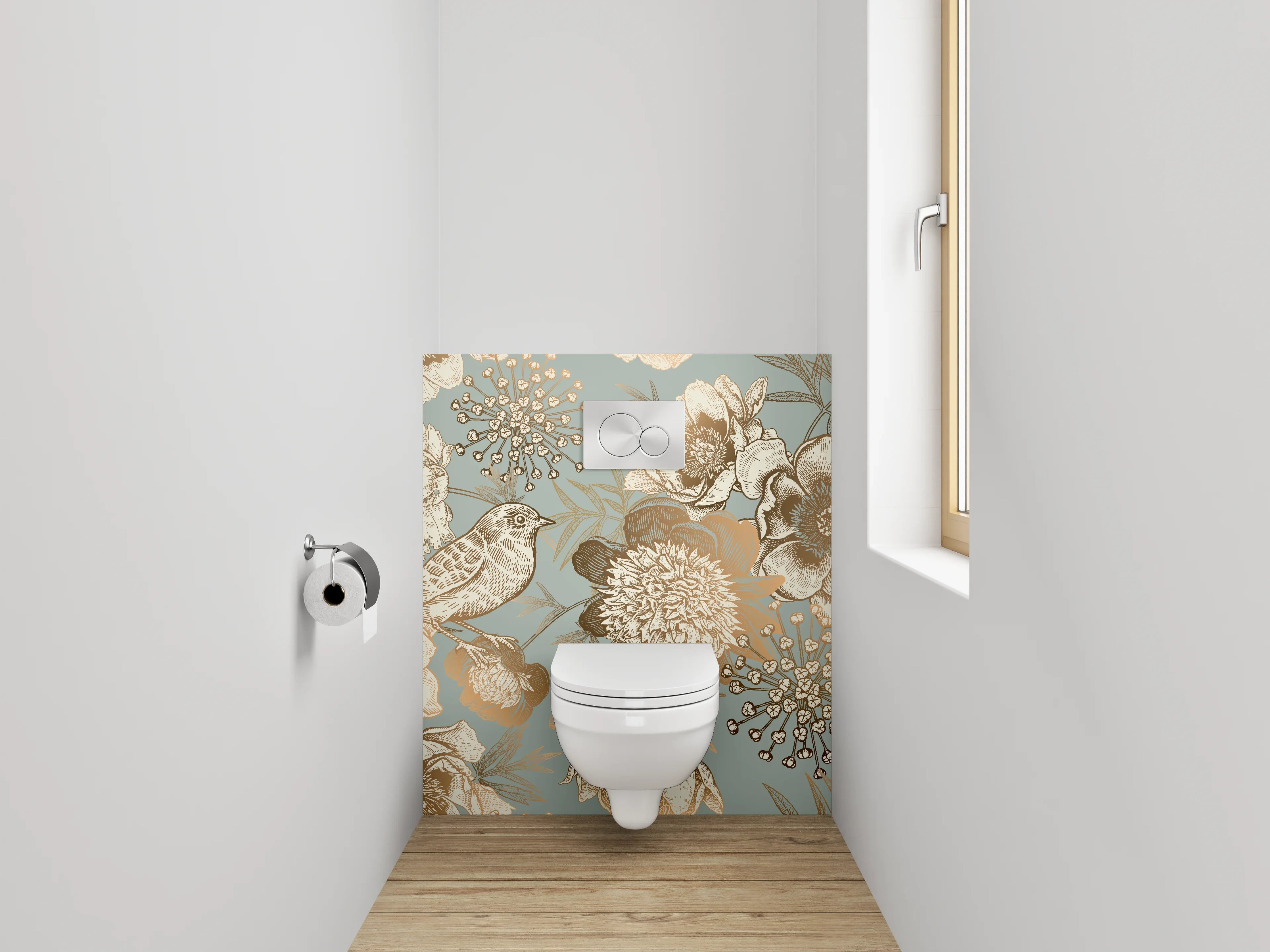 WC-Rückwand - Vogel und Blumen Vintage Illustration