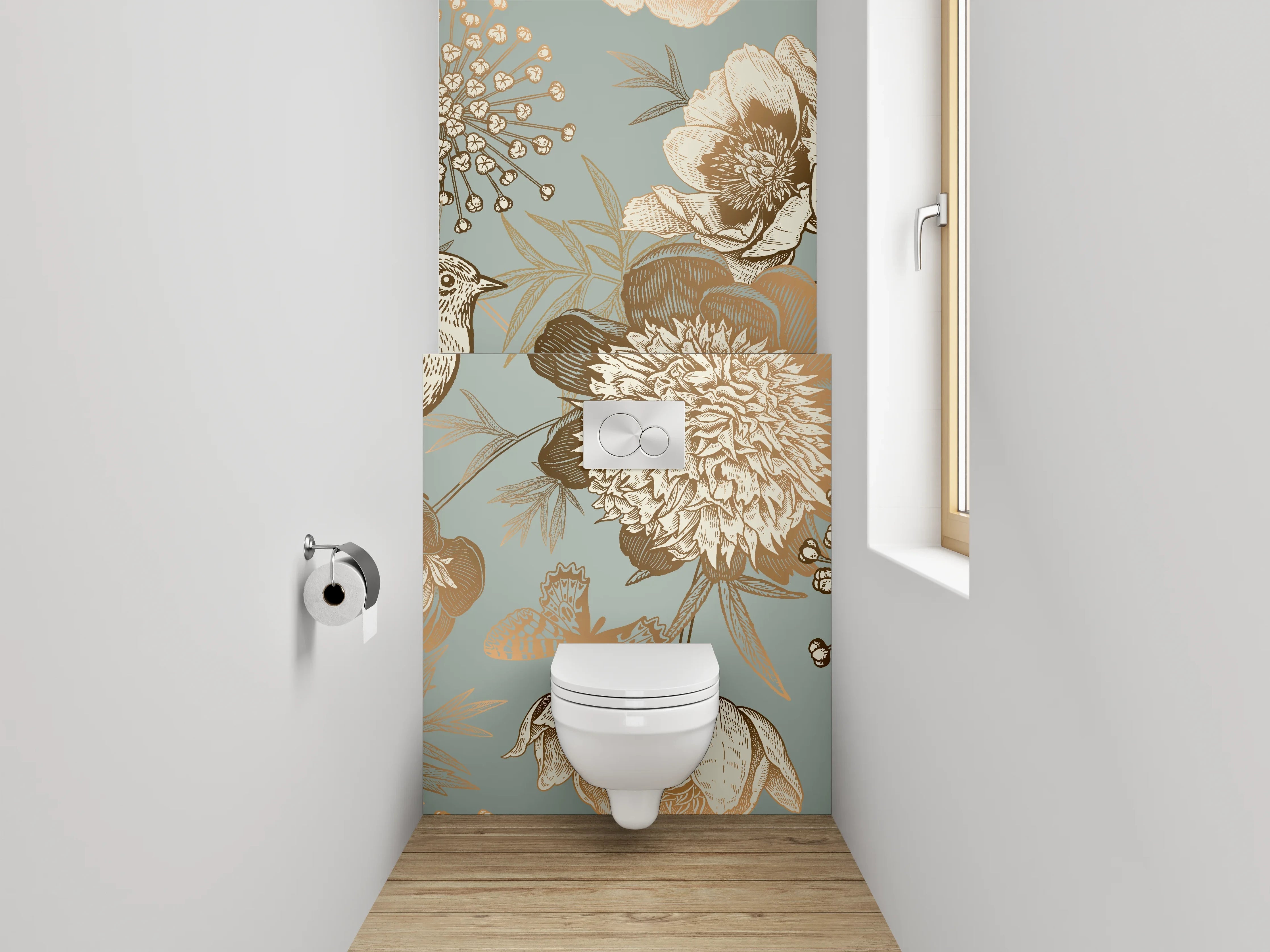 WC-Rückwand - Vogel und Blumen Vintage Illustration