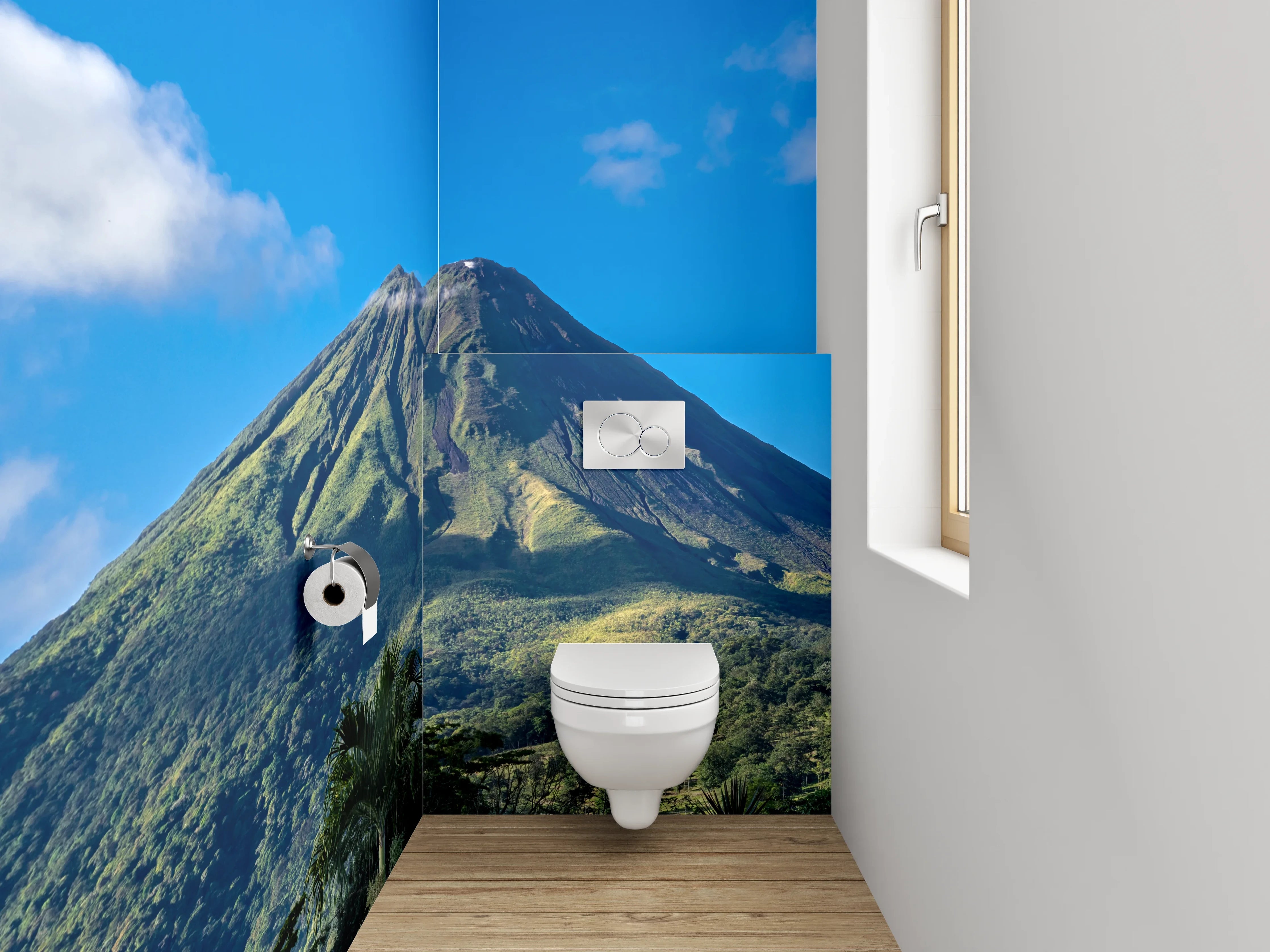 WC-Rückwand - Vulkan vor blauem Himmel