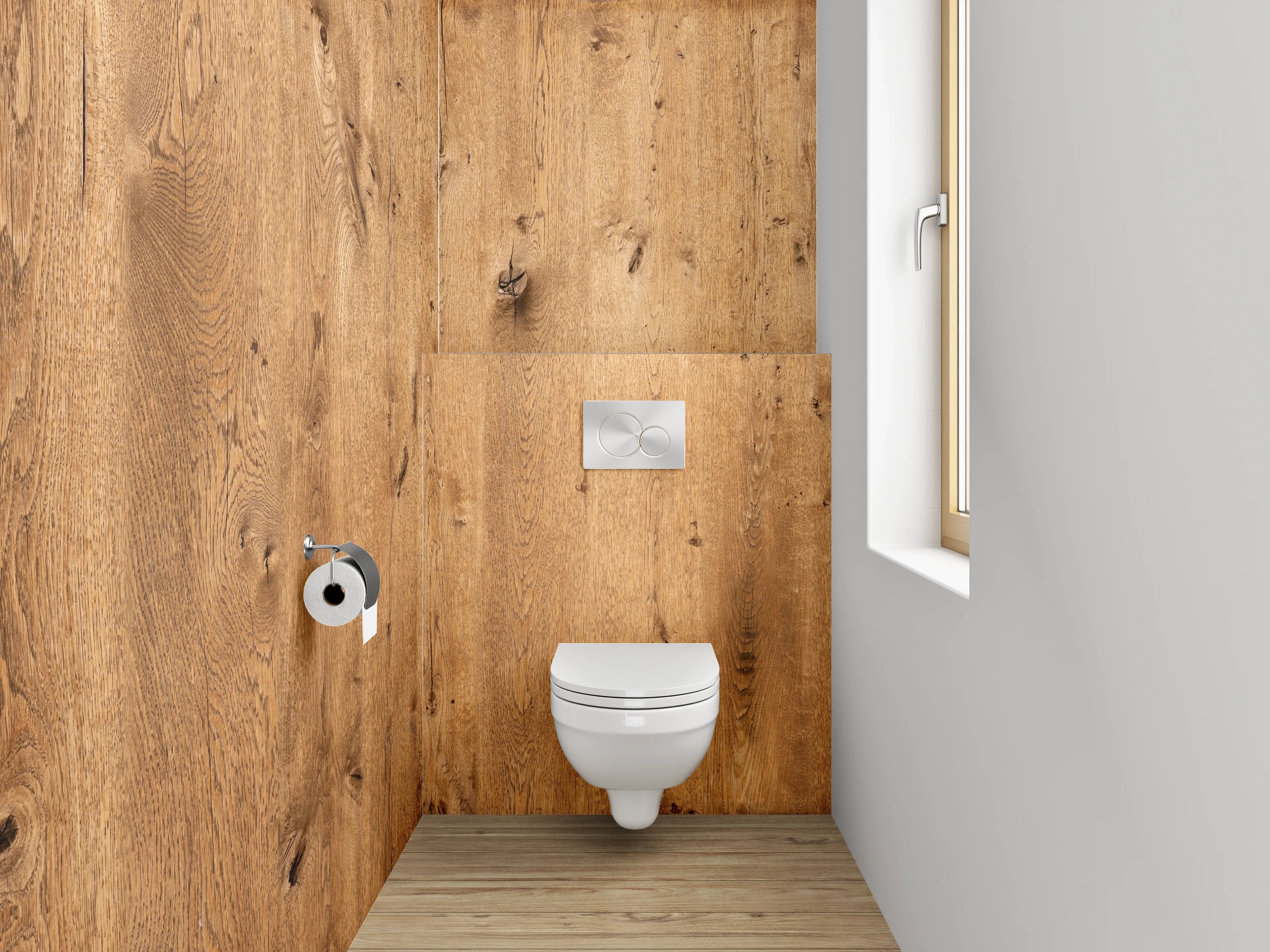 WC-Rückwand - Graue Holzoptik Eleganz