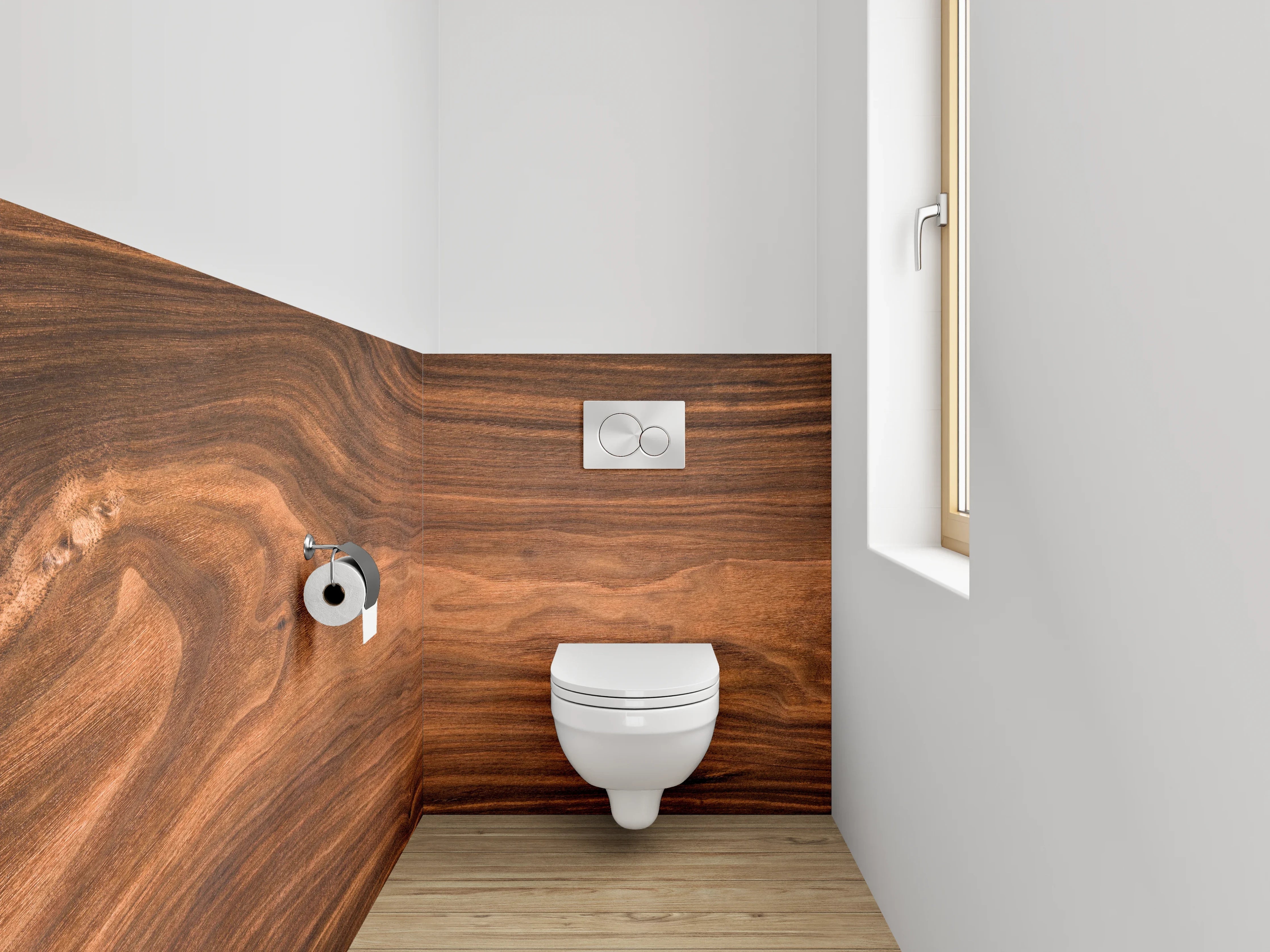 WC-Rückwand - Wärmeholz mit eleganten Maserungen