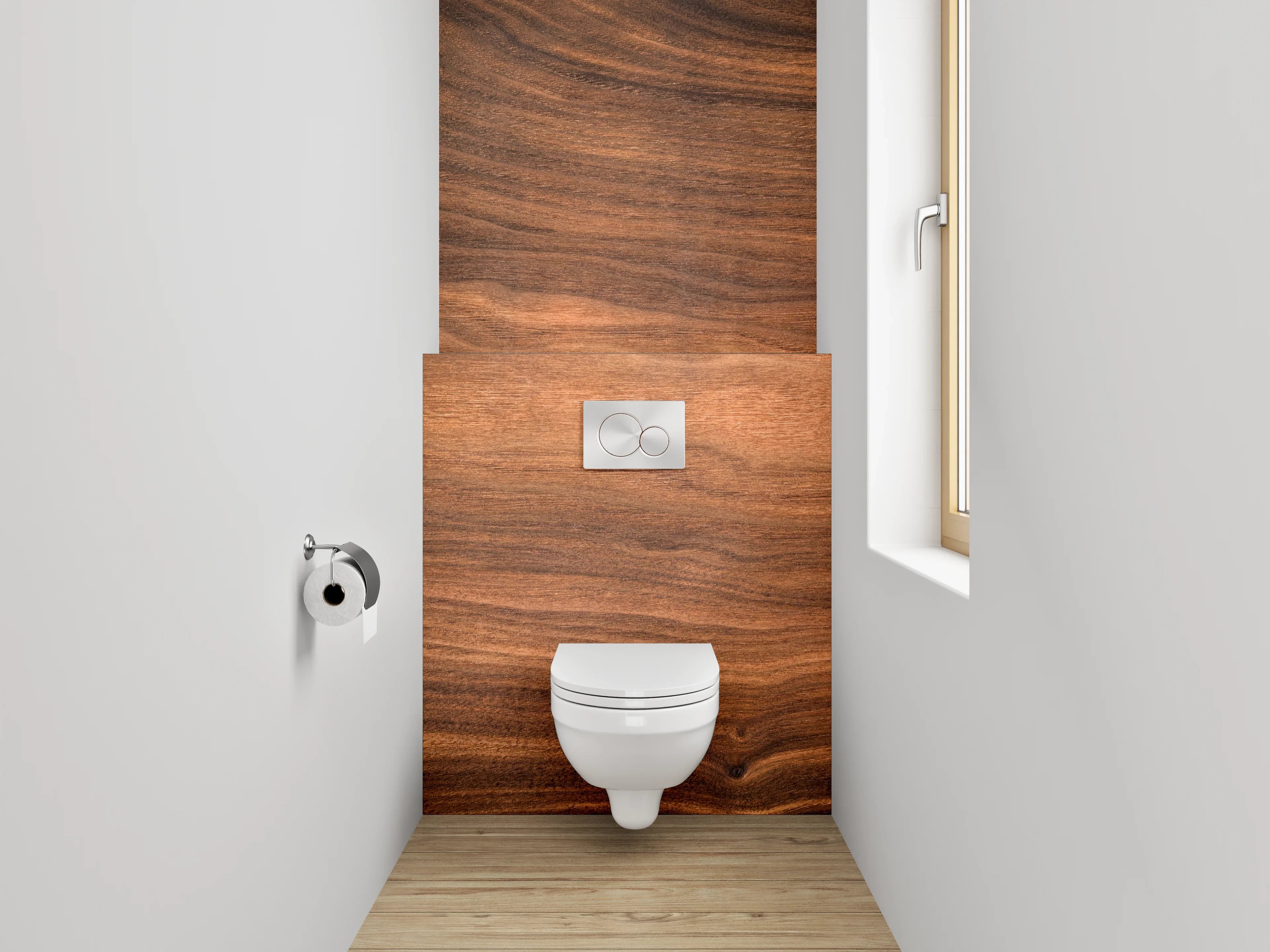WC-Rückwand - Wärmeholz mit eleganten Maserungen