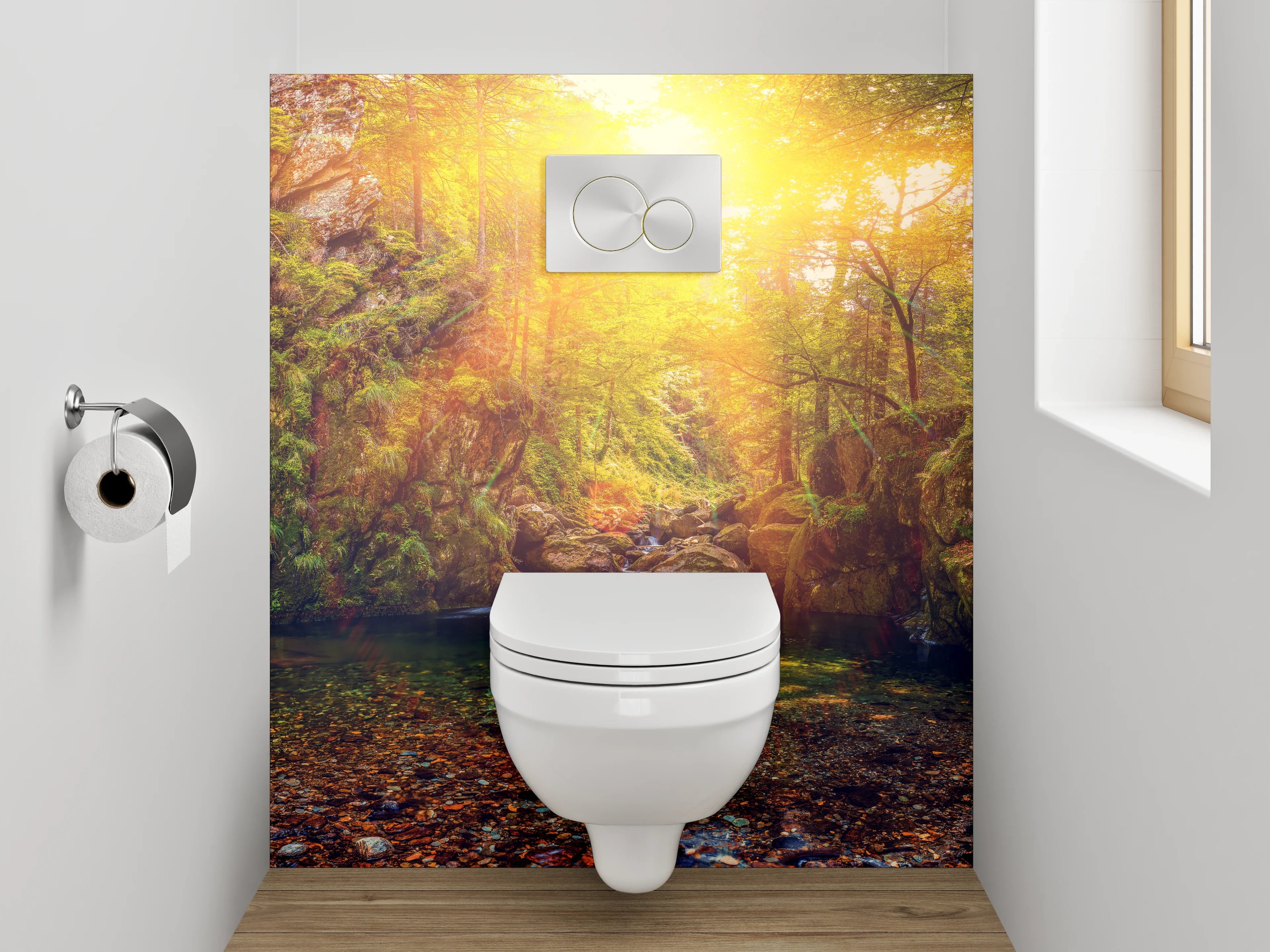 WC-Rückwand - Waldsee im Sonnenlicht
