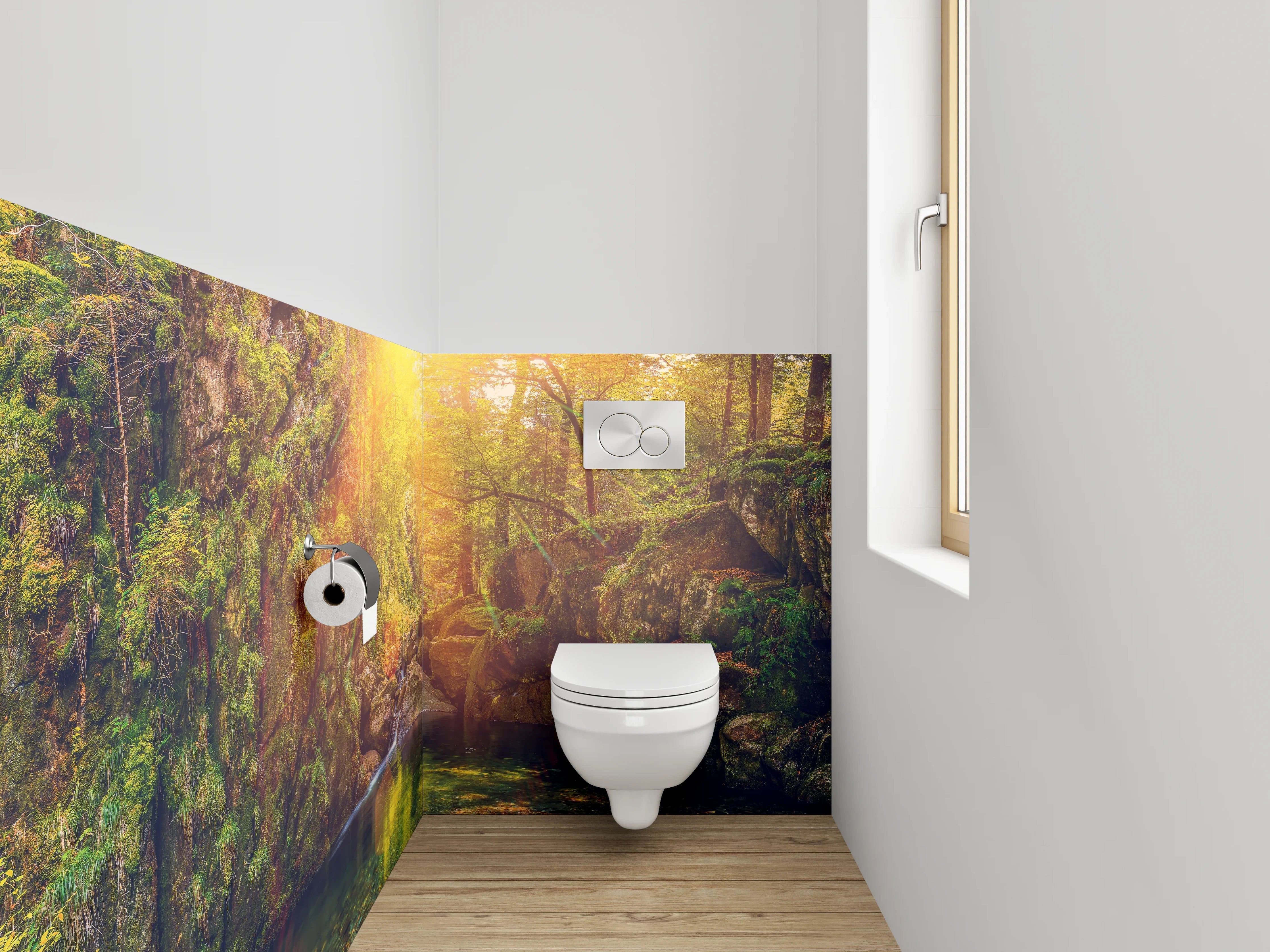 WC-Rückwand - Waldsee im Sonnenlicht