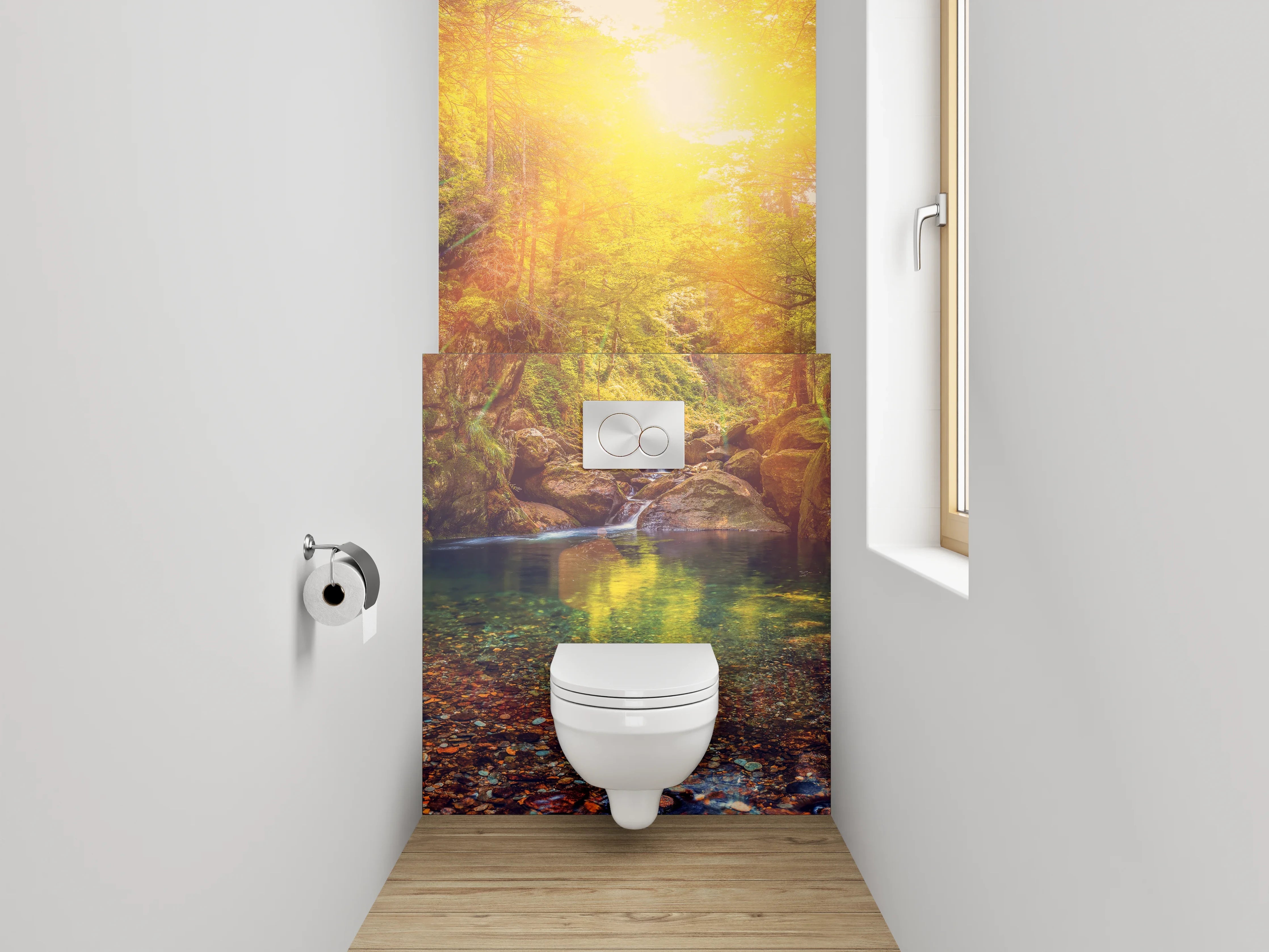 WC-Rückwand - Waldsee im Sonnenlicht