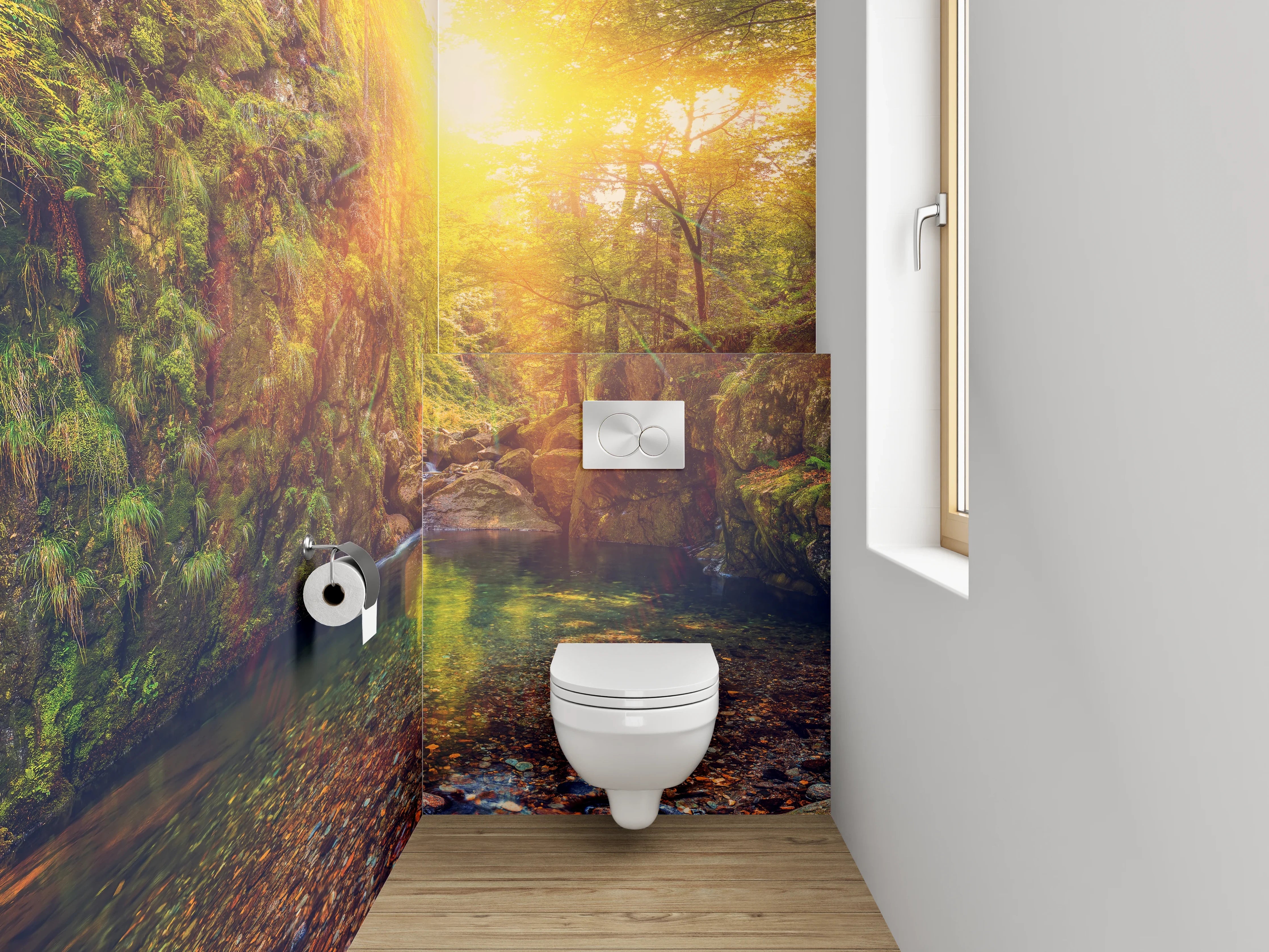 WC-Rückwand - Waldsee im Sonnenlicht