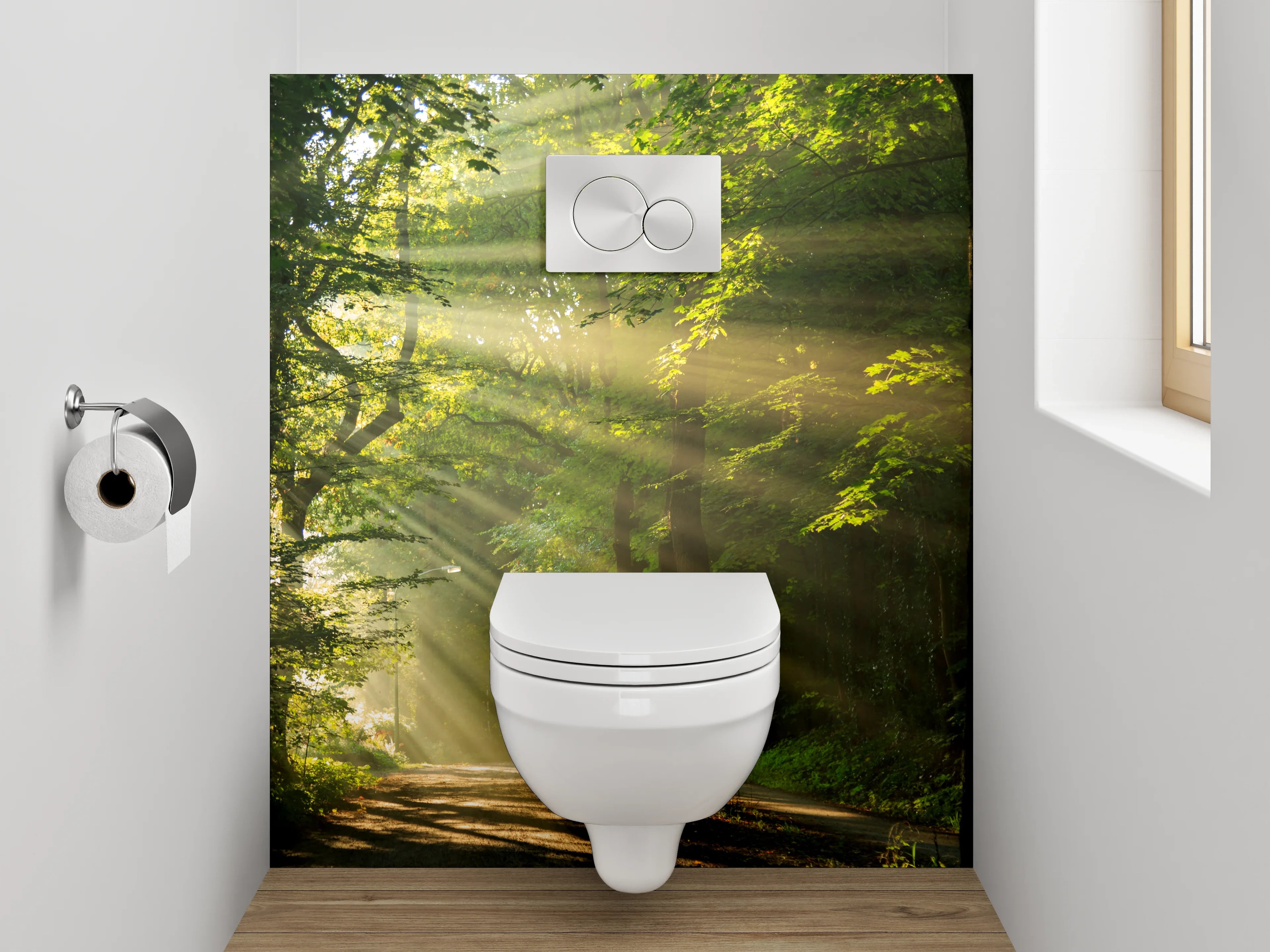 WC-Rückwand - Waldspaziergang am Morgen – Sonnenstrahlen