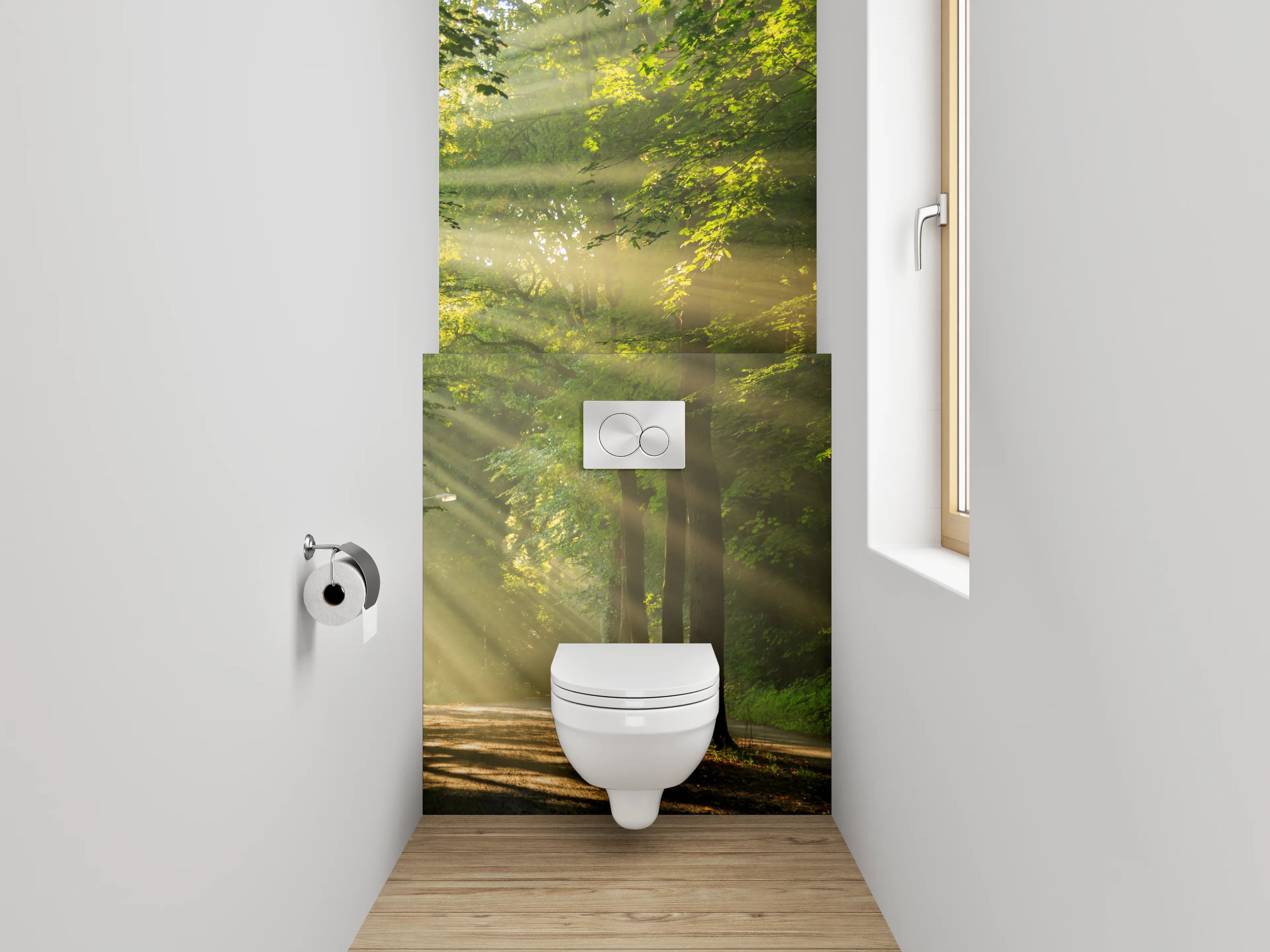 WC-Rückwand - Waldspaziergang am Morgen – Sonnenstrahlen
